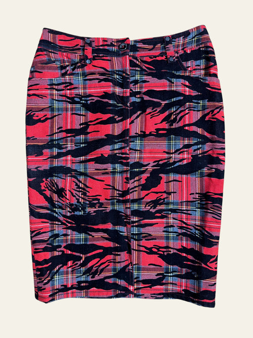 vintage VERSUS Versace red tartan mini skirt with black tiger-print overlay and button waist detail.