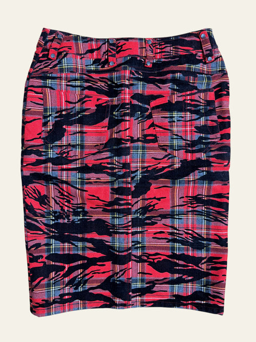 vintage VERSUS Versace red tartan mini skirt with black tiger print pattern.