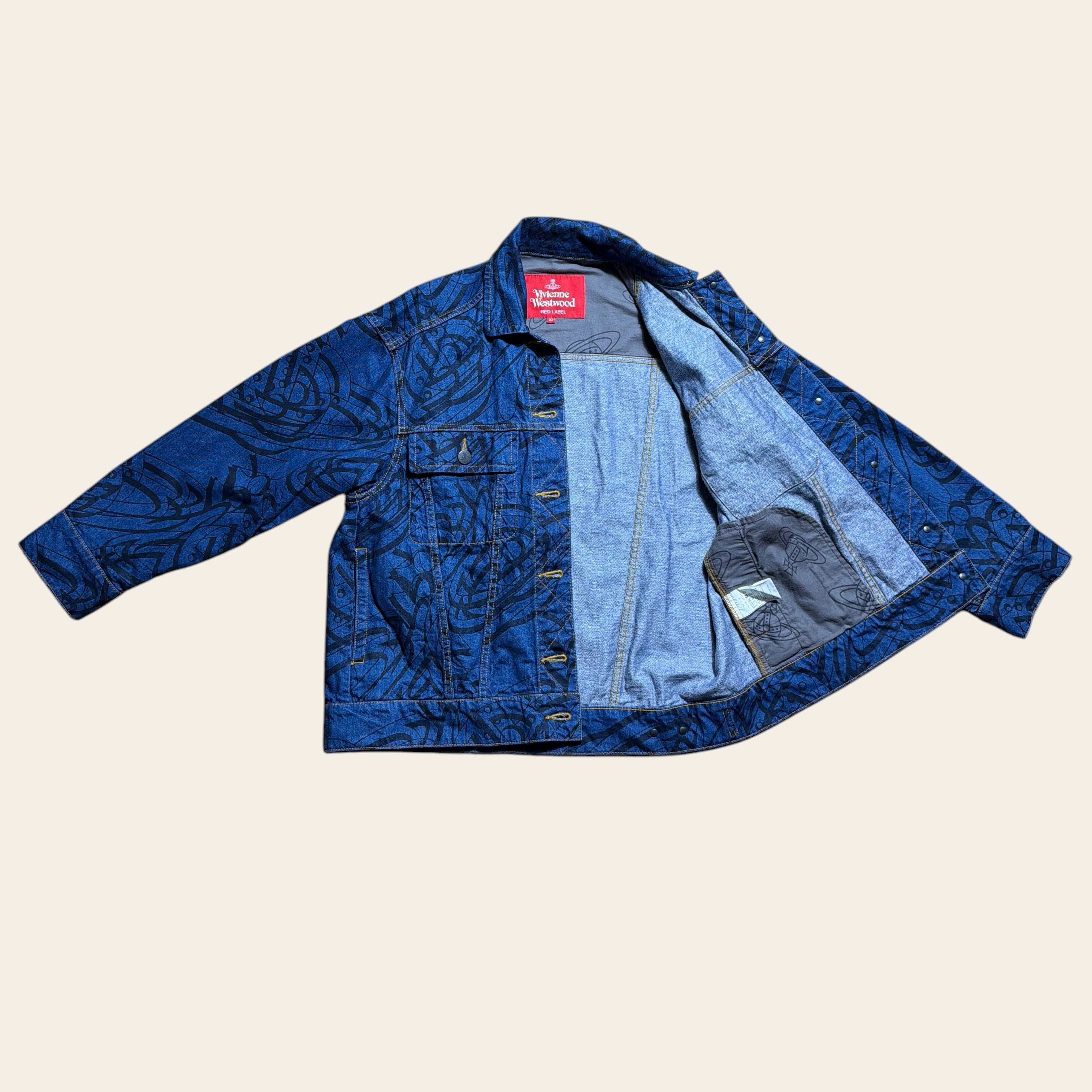 Vivienne Westwood blue denim jacket with black graphic print and red label interior tag