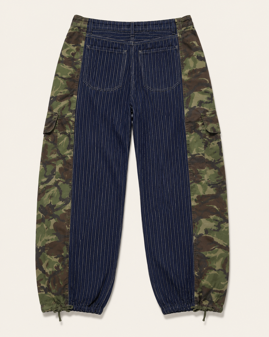 Lolly & Lotus Freedom reworked panelled pinstripe and camouflage jeans, back flat lay