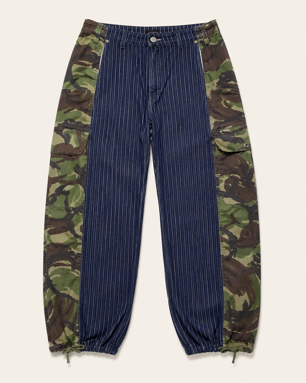 Lolly & Lotus Freedom reworked panelled pinstripe and camouflage jeans, front flat lay