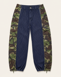 Lolly & Lotus Freedom reworked panelled pinstripe and camouflage jeans, front flat lay
