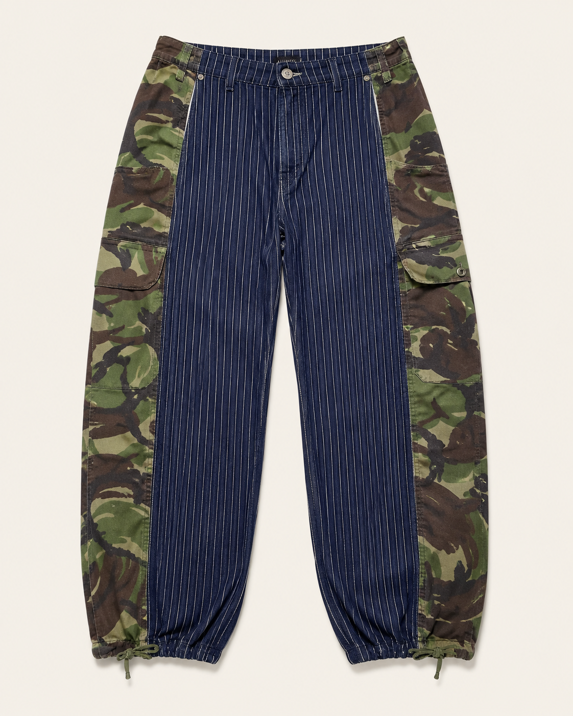 Lolly & Lotus Freedom reworked panelled pinstripe and camouflage jeans, front flat lay