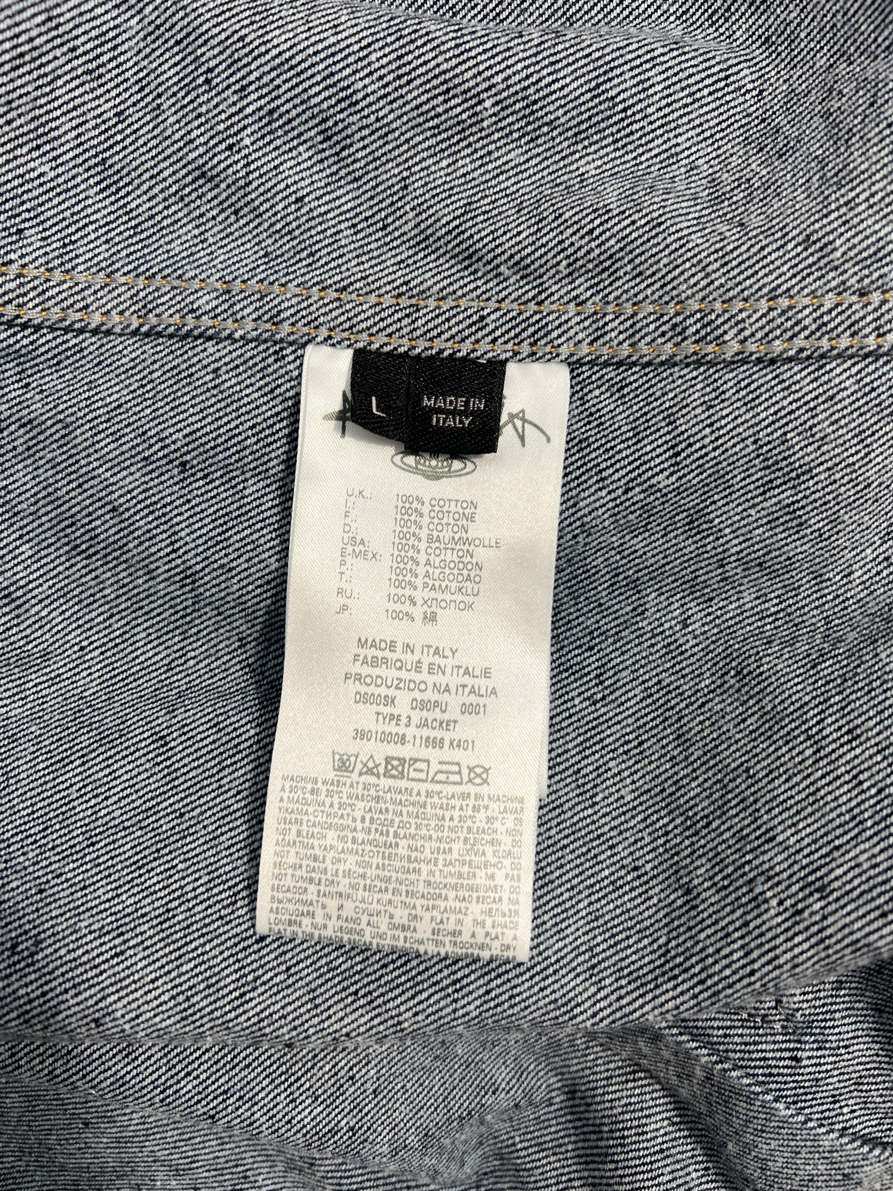 Lolly and Lotus VIVIENNE WESTWOOD ANGLOMANIA denim jacket care label showing 100 percent cotton and made in Italy