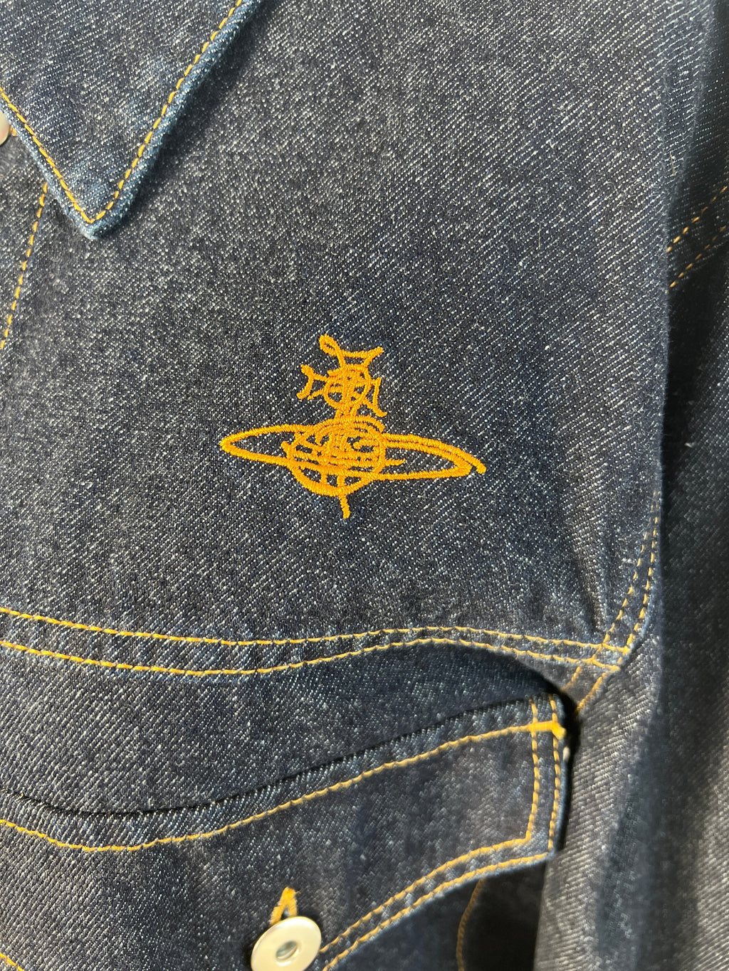 Lolly and Lotus VIVIENNE WESTWOOD ANGLOMANIA dark blue denim jacket with yellow embroidered orb logo detail