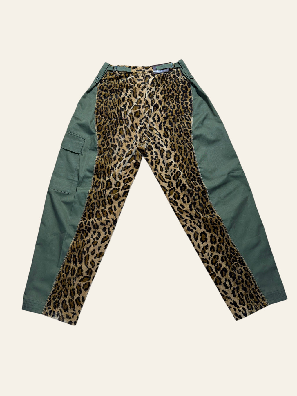Lolly and Lotus reworked Ralph Lauren leopard print and olive green army surplus cargo pants with buckle detail