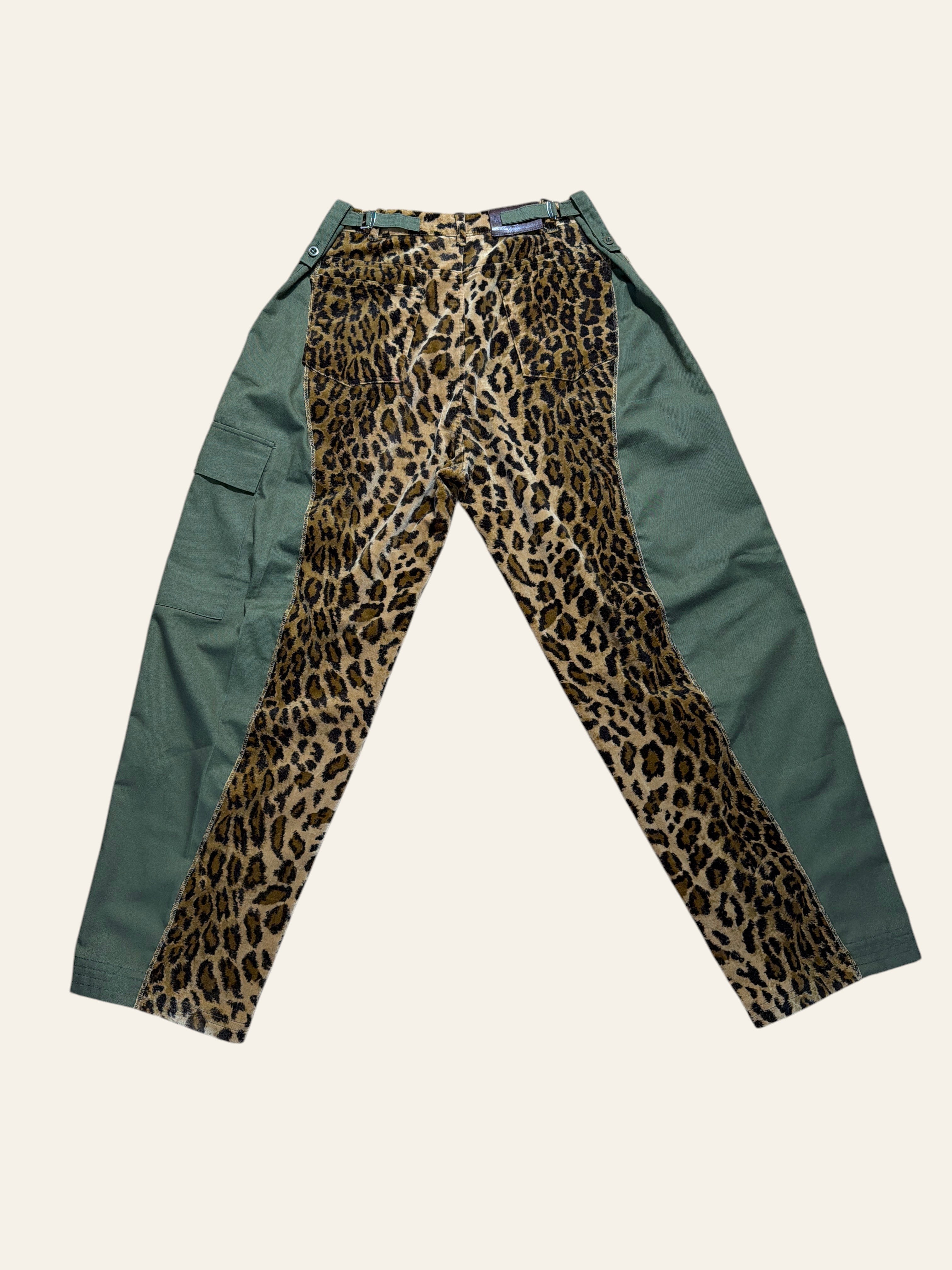 Lolly and Lotus reworked Ralph Lauren leopard print and olive green army surplus cargo pants with buckle detail