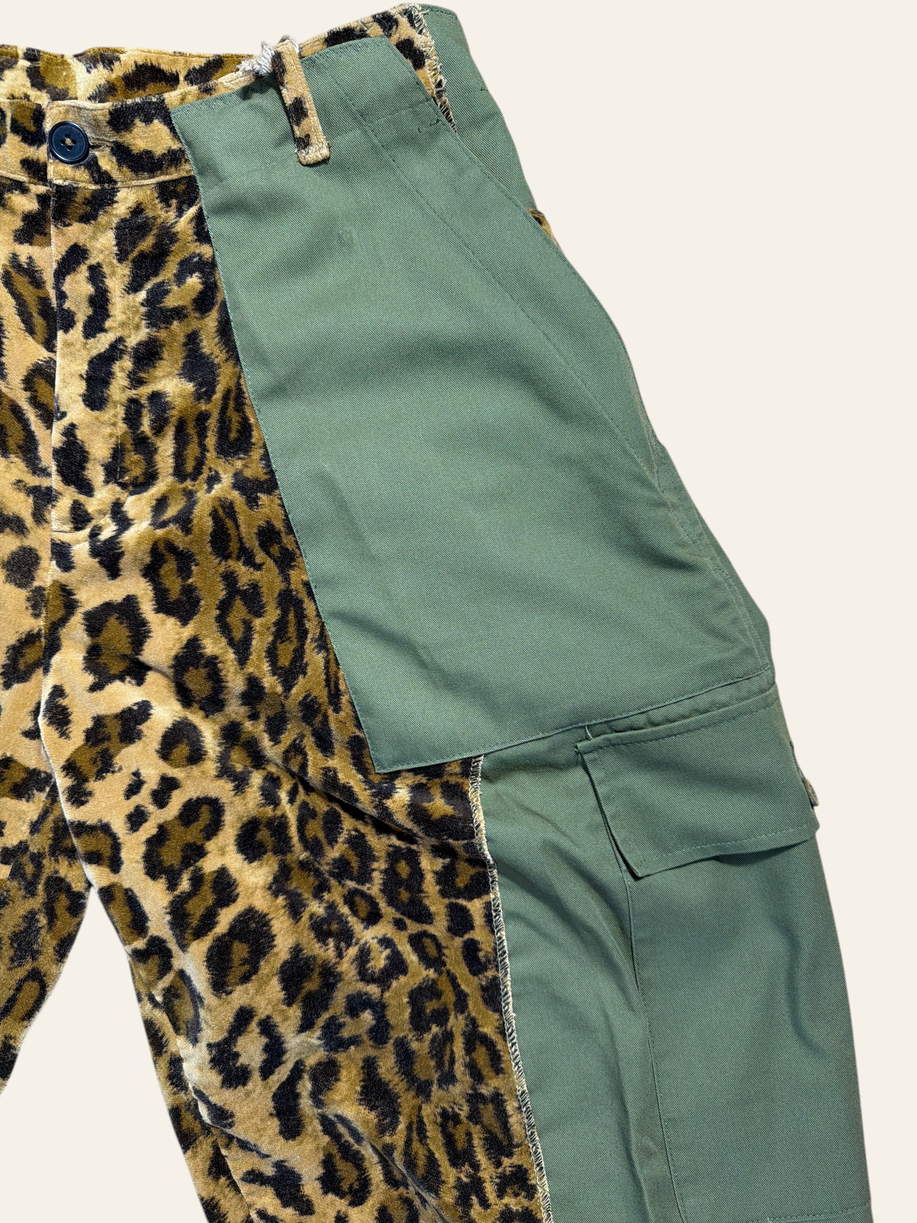 Lolly and Lotus reworked cargo pants featuring a mix of leopard print velvet and olive green army surplus fabric.