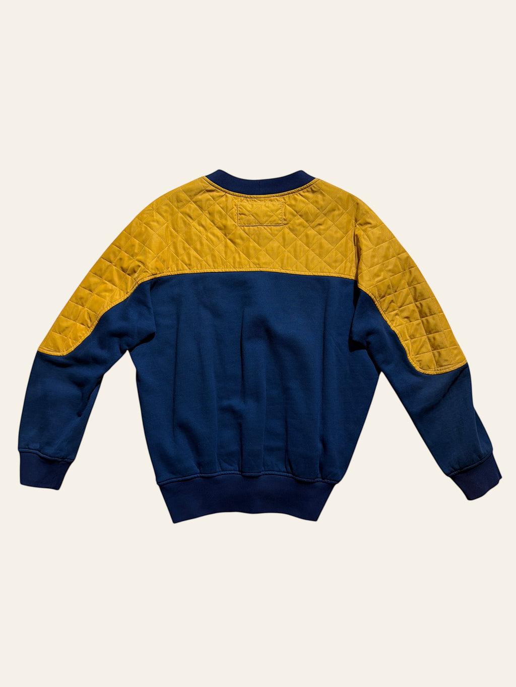 Lolly and Lotus Vivienne Westwood Anglomania navy cotton sweatshirt with gold quilted shoulder panels, back view.