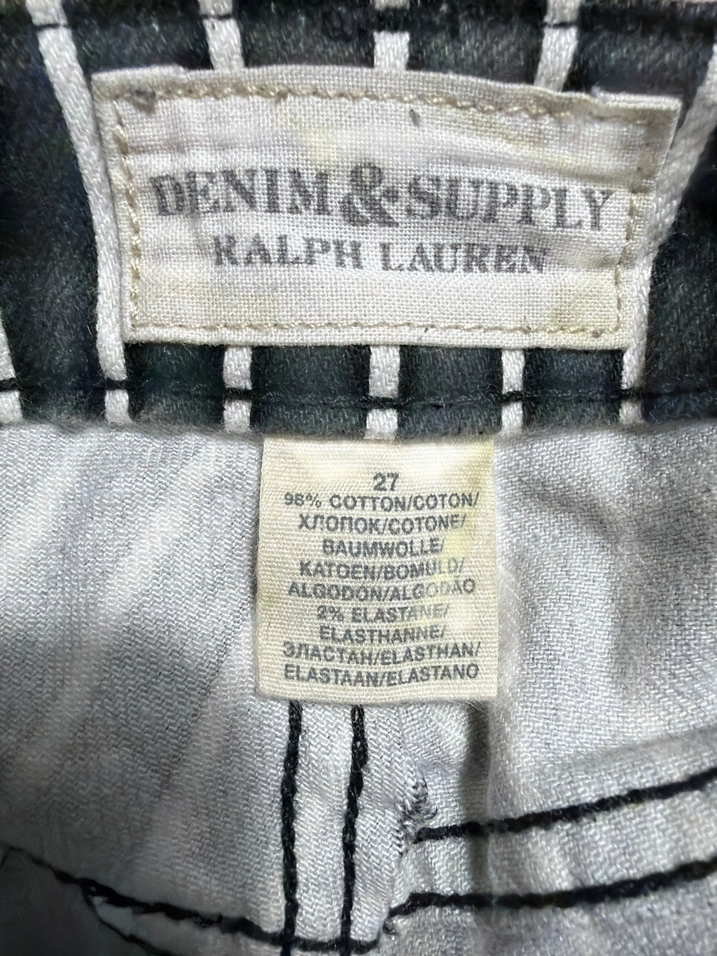 Lolly and Lotus reworked Denim & Supply Ralph Lauren jeans interior label showing size 27 and cotton blend fabric