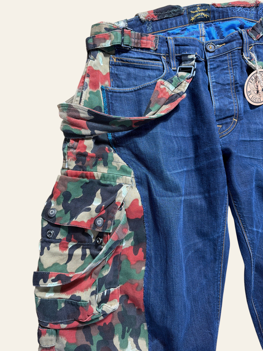 Lolly and Lotus reworked Vivienne Westwood denim dungarees featuring Italian pizza camo cargo pockets and blue denim.