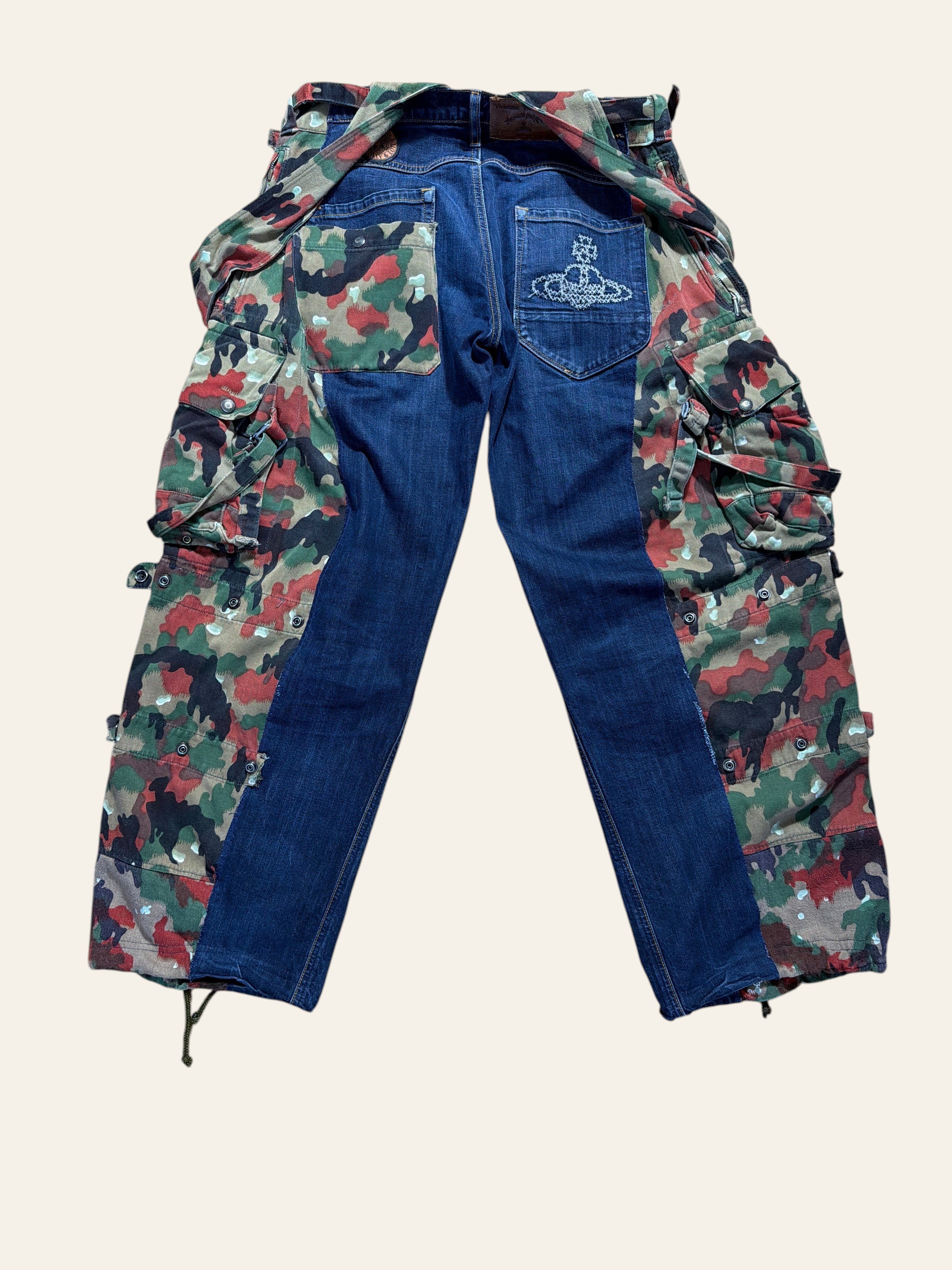 Lolly and Lotus reworked Vivienne Westwood denim dungarees featuring Italian pizza camo print and back pocket logo.