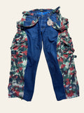 Lolly and Lotus reworked denim dungarees featuring Vivienne Westwood denim panels and Italian pizza camo cargo sides.