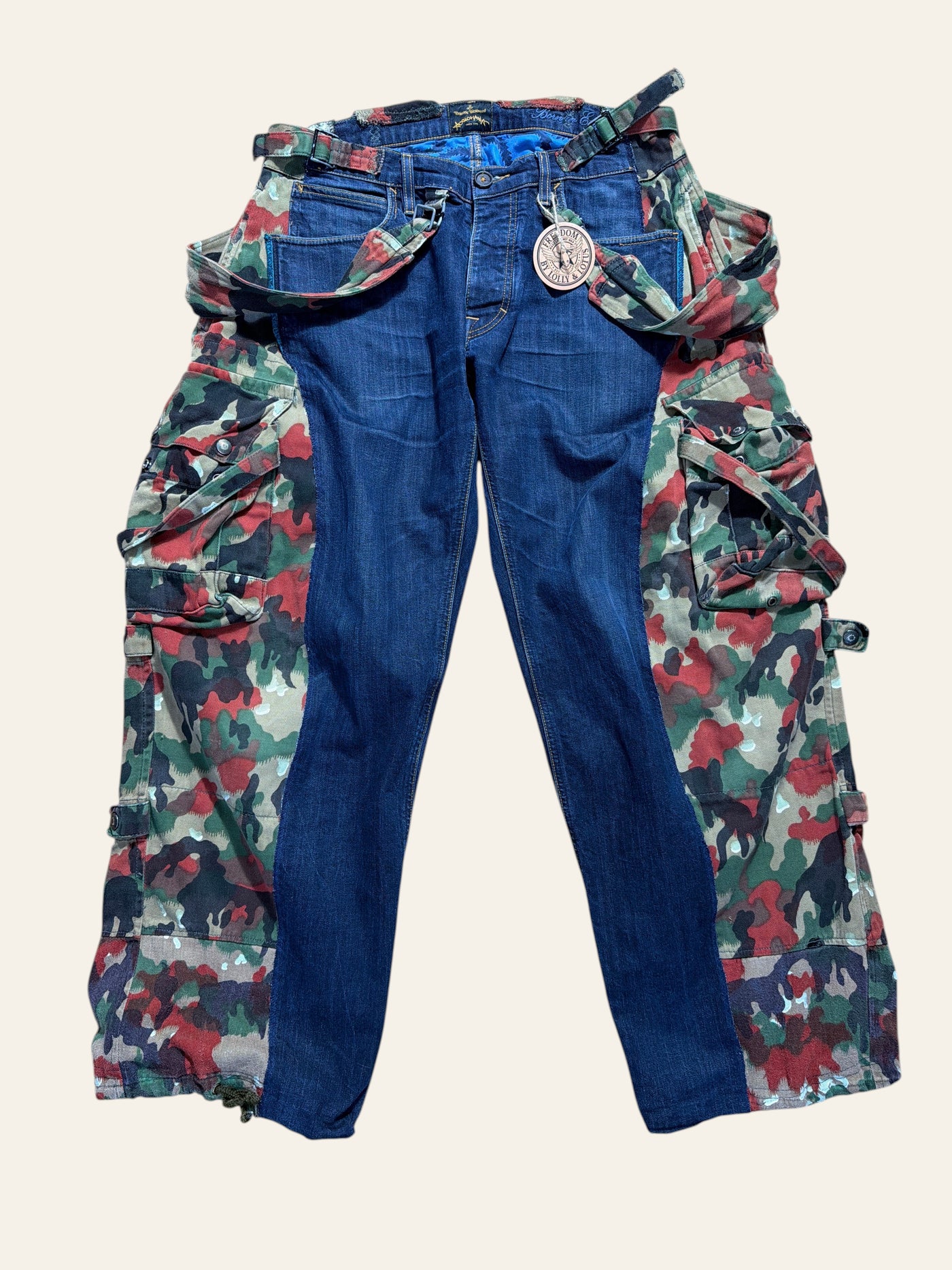 Lolly and Lotus reworked denim dungarees featuring Vivienne Westwood denim panels and Italian pizza camo cargo sides.