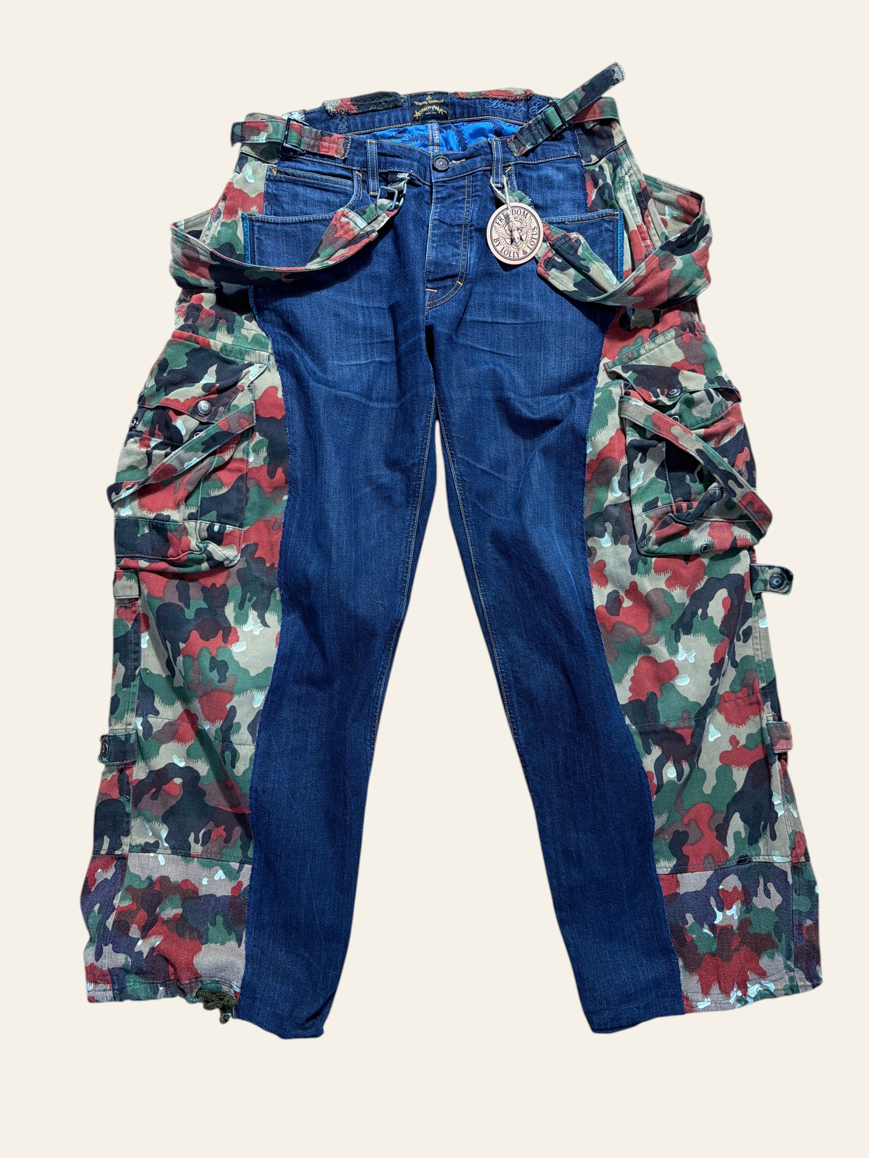 Lolly and Lotus reworked denim dungarees featuring Vivienne Westwood denim panels and Italian pizza camo cargo sides.