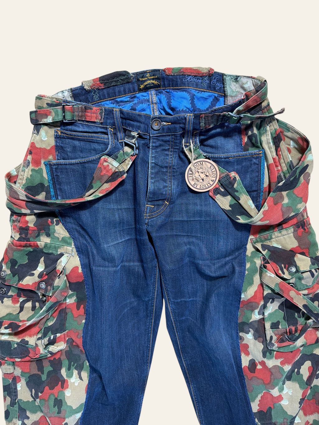 Lolly and Lotus reworked Vivienne Westwood denim dungarees featuring Italian pizza camouflage cargo side panels