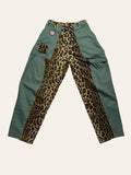 Lolly and Lotus reworked army surplus pants featuring olive green cotton panels and a central leopard print section.