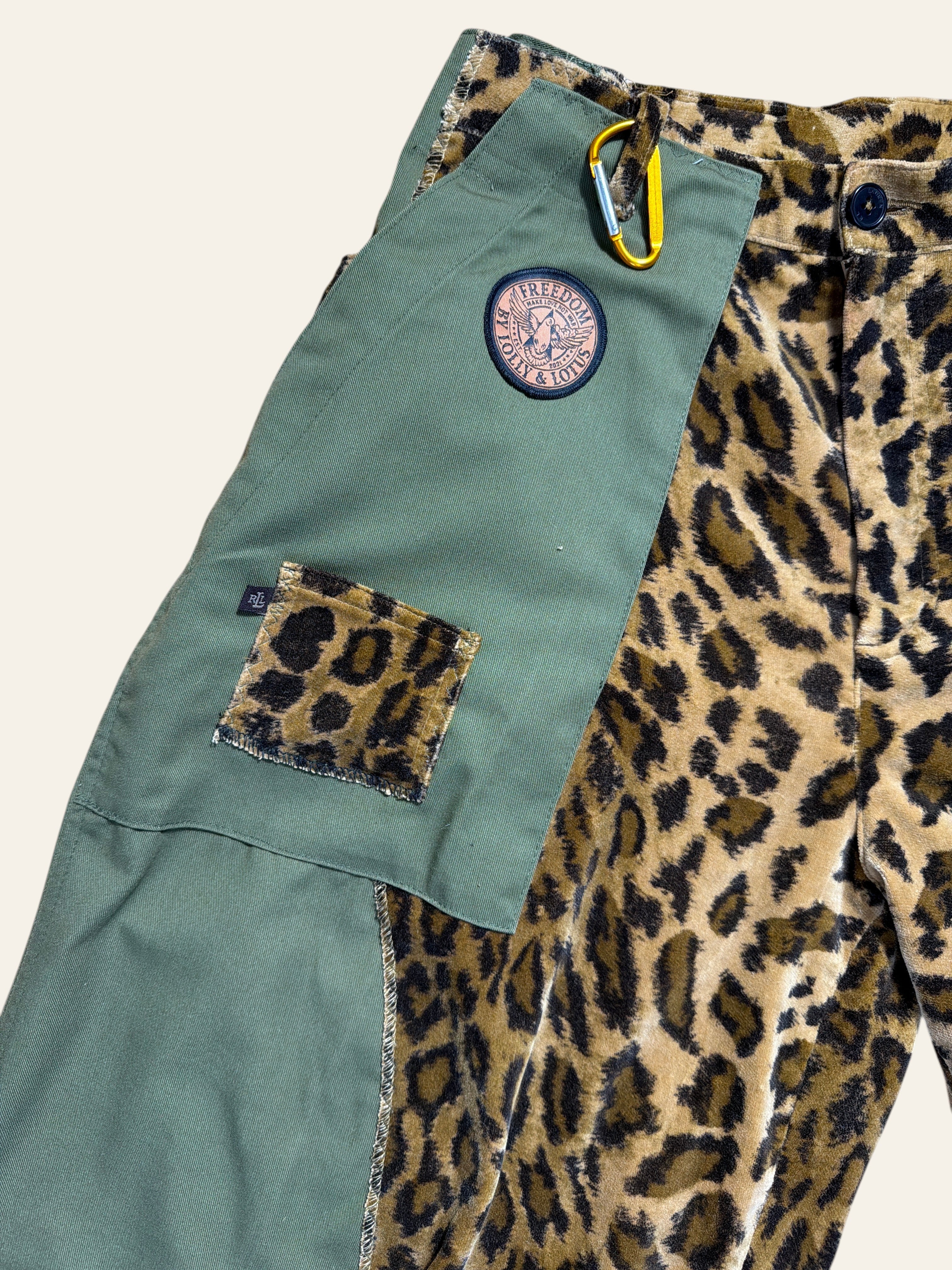 Lolly and Lotus reworked Ralph Lauren trousers featuring olive green army surplus fabric and leopard print panels.