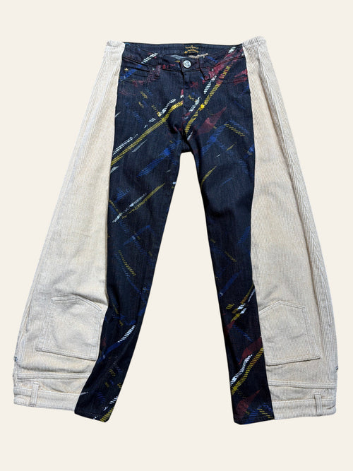 Lolly and Lotus reworked Vivienne Westwood Anglomania jeans featuring dark paint-splattered denim and beige corduroy