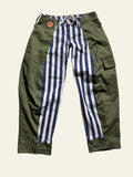 Lolly and Lotus reworked cargo jeans featuring olive green panels and blue and white vertical stripes.