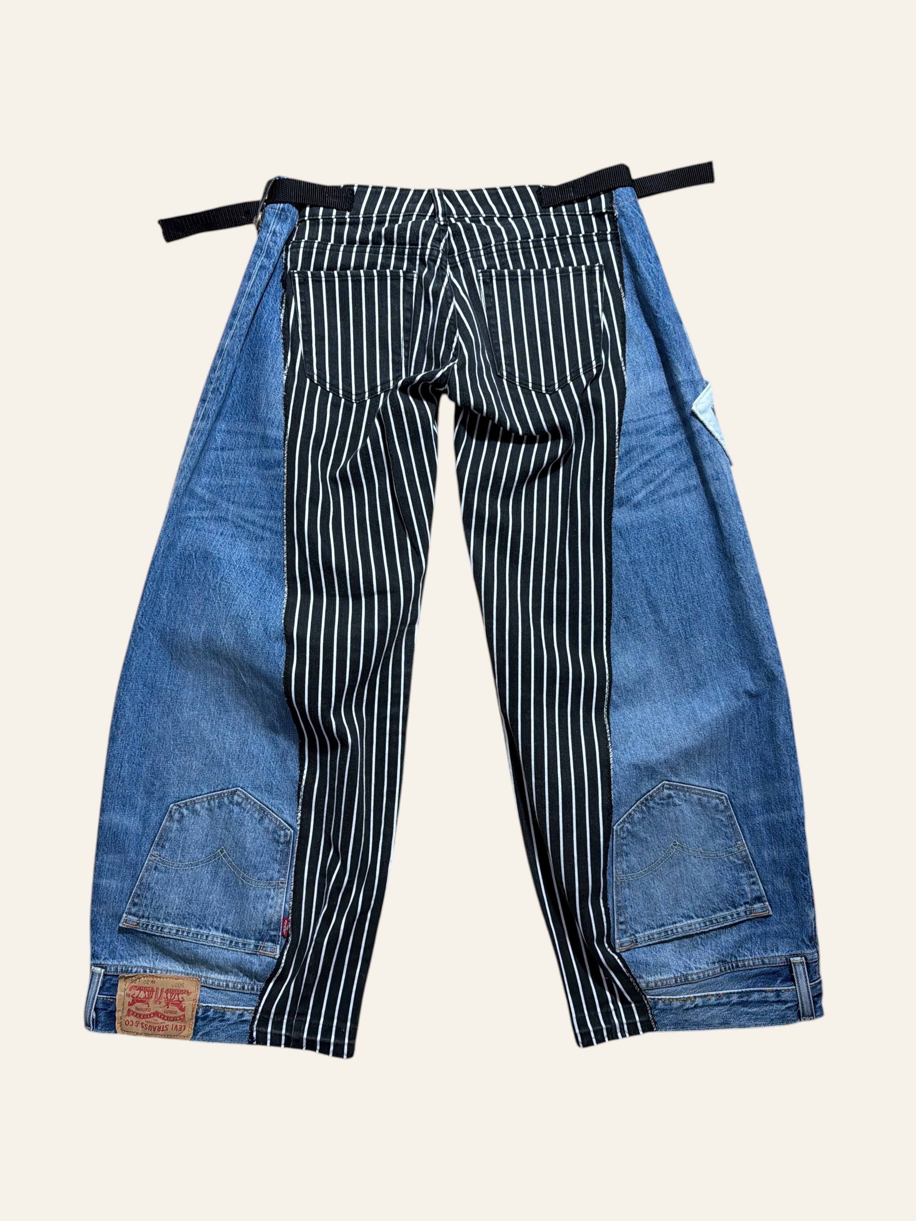 Lolly and Lotus reworked Levi x Ralph Lauren jeans featuring blue denim and black and white striped panels