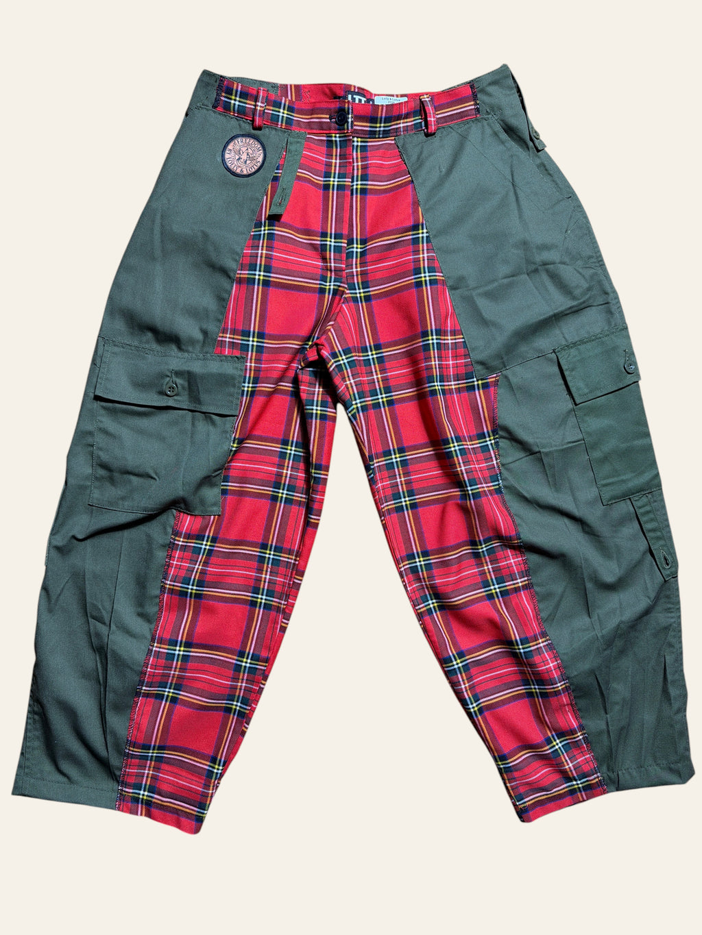 Lolly and Lotus reworked army cargo pants featuring red tartan panels and olive green cotton side pockets.
