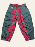 Lolly and Lotus reworked army cargo pants featuring red tartan panels and olive green cotton side pockets.