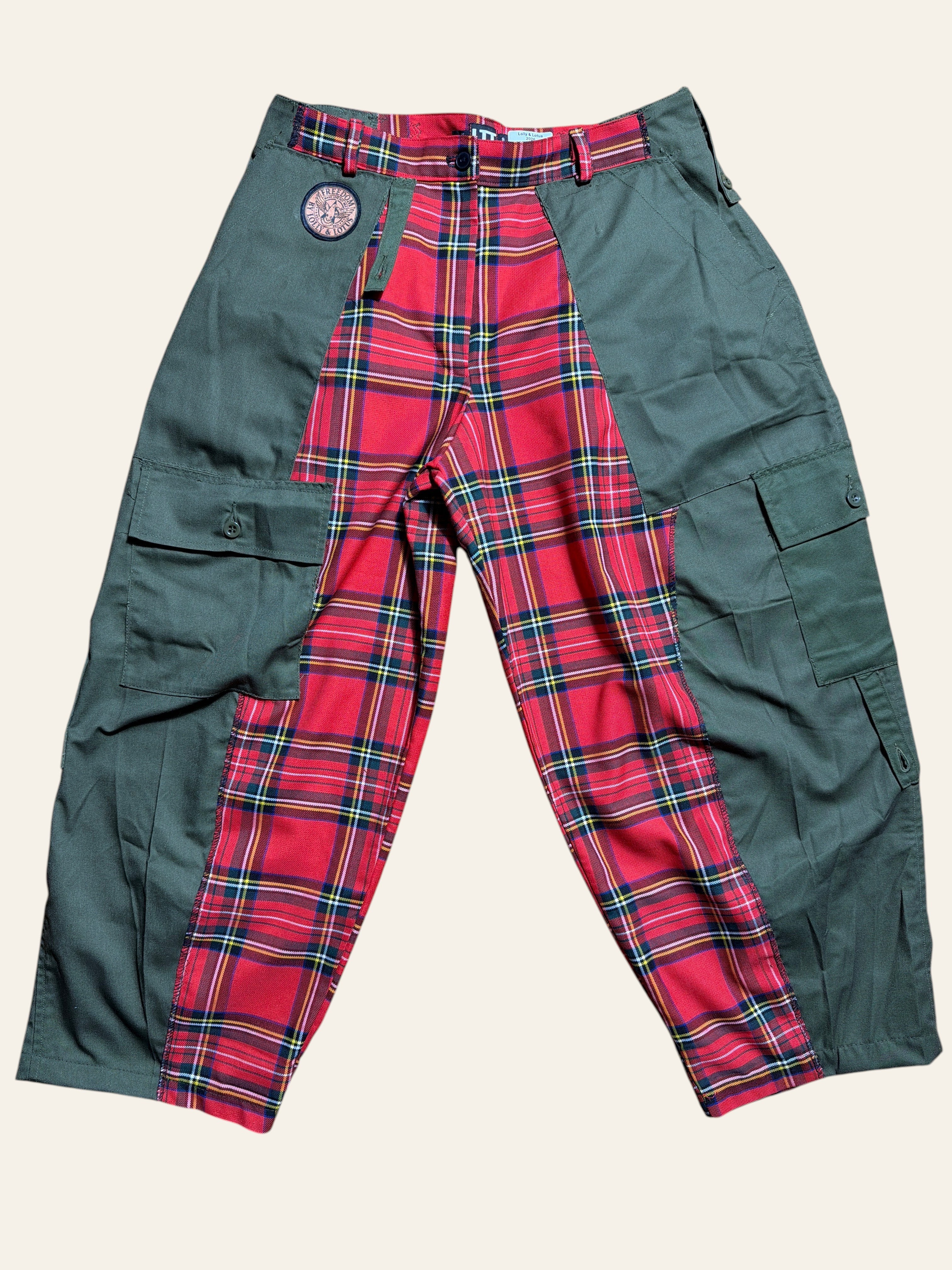 Lolly and Lotus reworked army cargo pants featuring red tartan panels and olive green cotton side pockets.