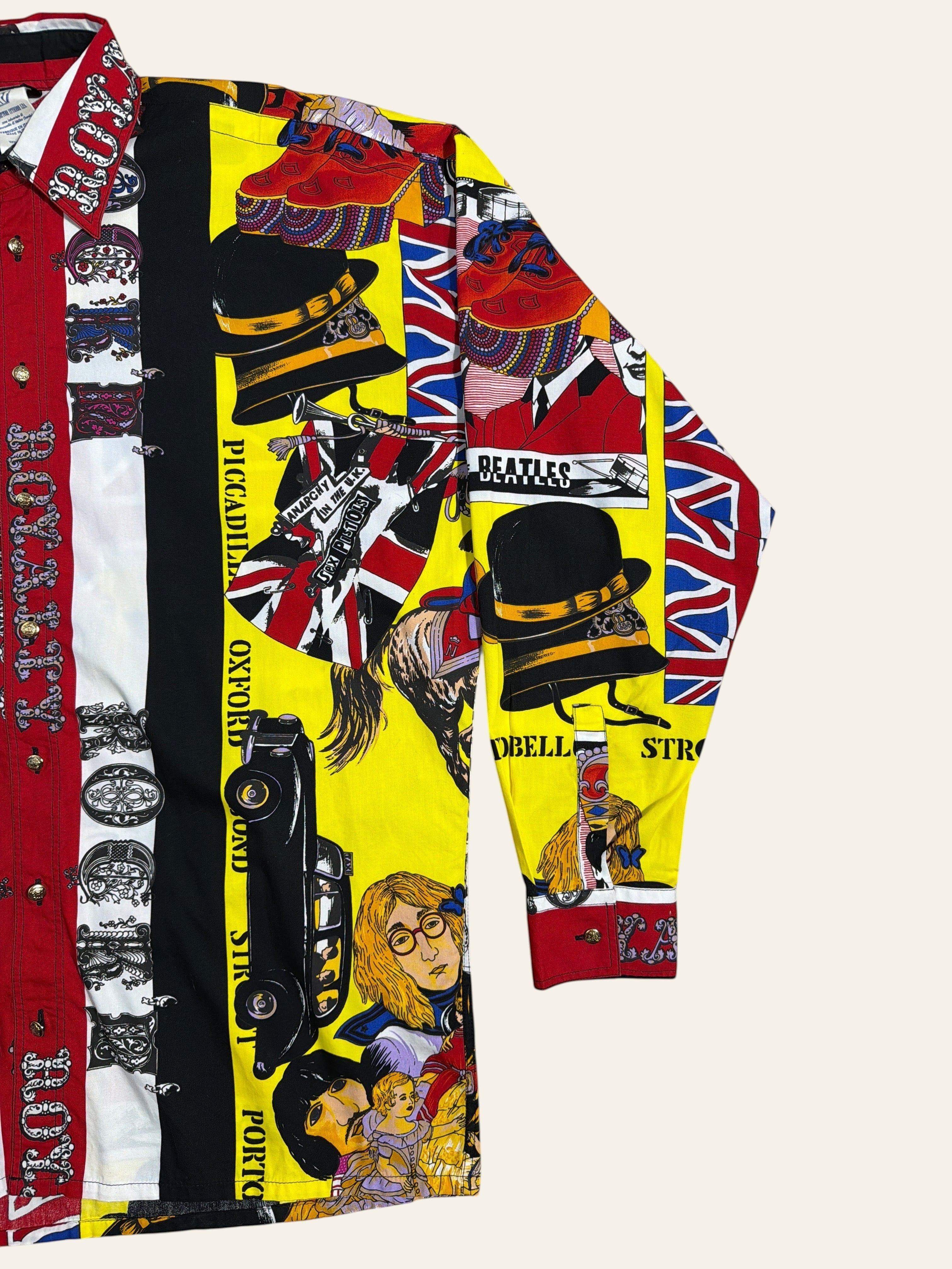 Lolly and Lotus vintage Versace dress shirt featuring a yellow all-over Beatles and Sex Pistols print with gold buttons
