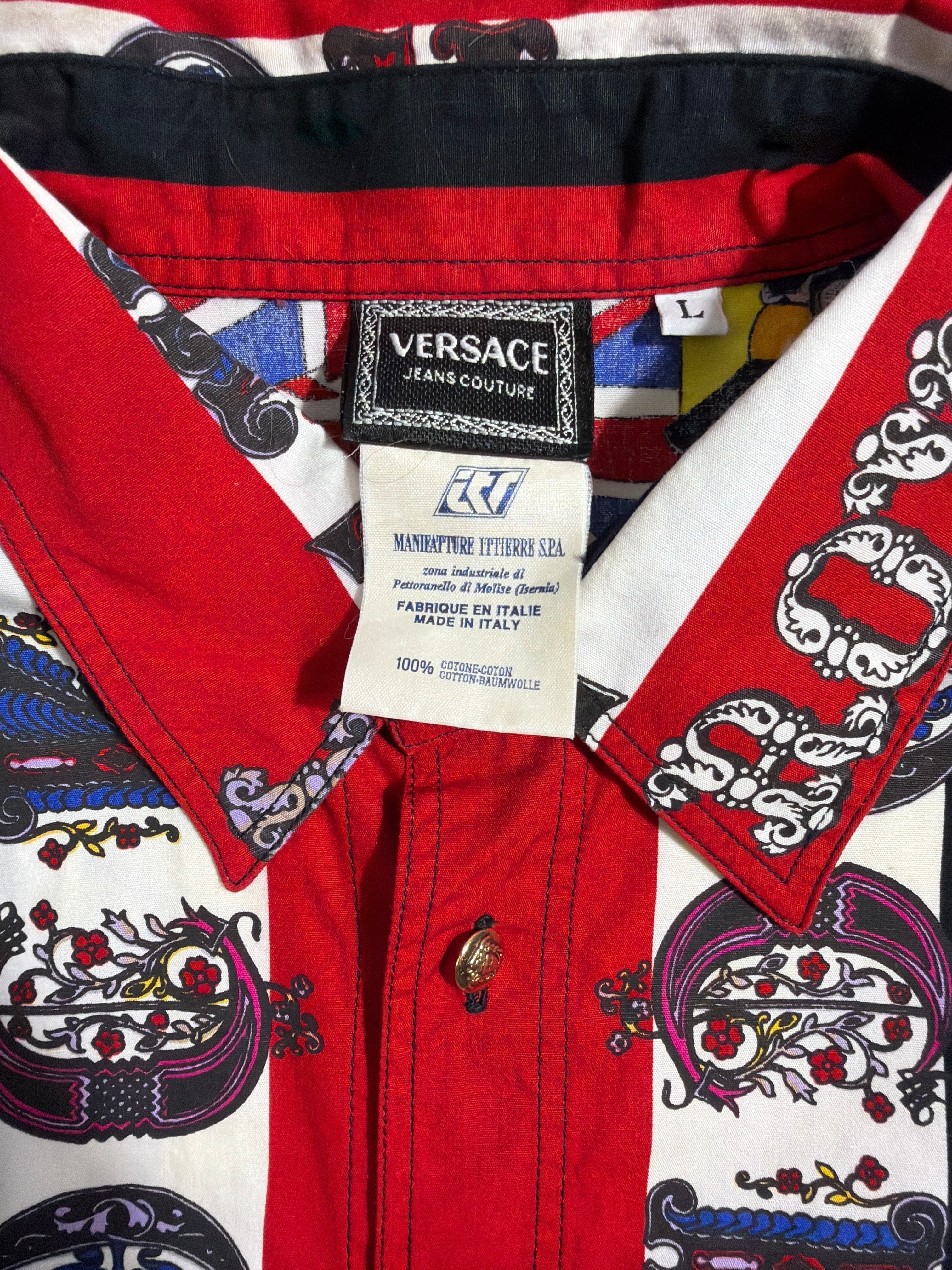 Lolly and Lotus vintage Versace cotton dress shirt with red, white, and black all-over print and gold-tone buttons.