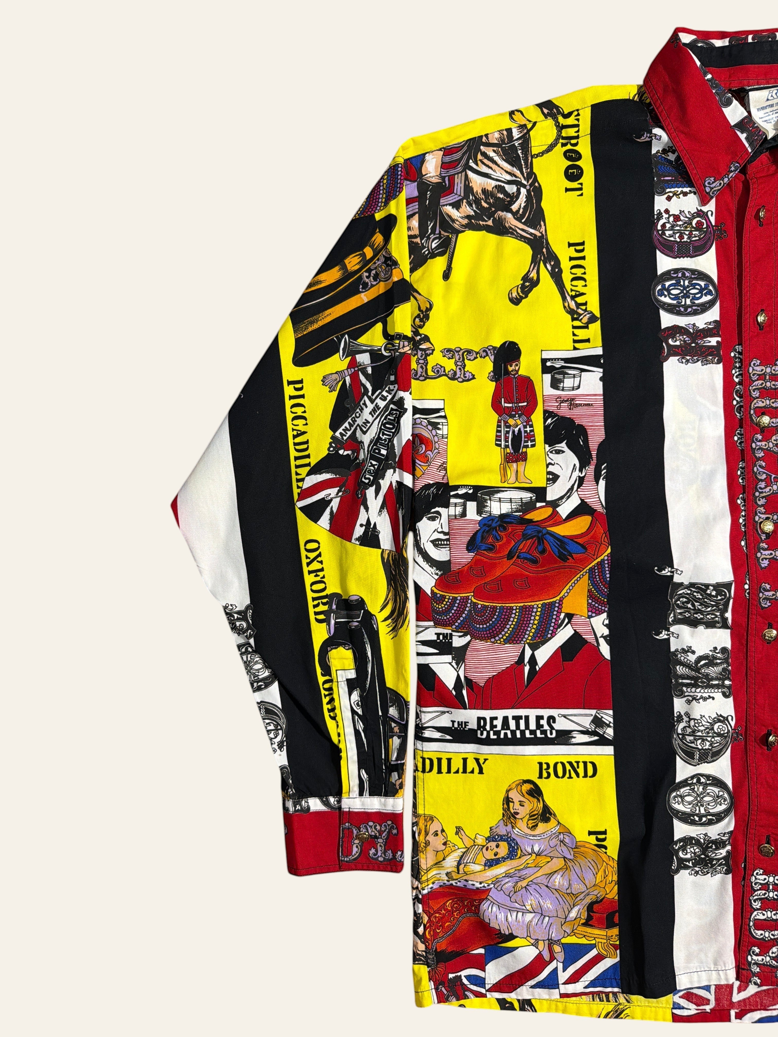 Lolly and Lotus vintage Versace dress shirt featuring a vibrant Beatles and Sex Pistols all-over print in gold-tone