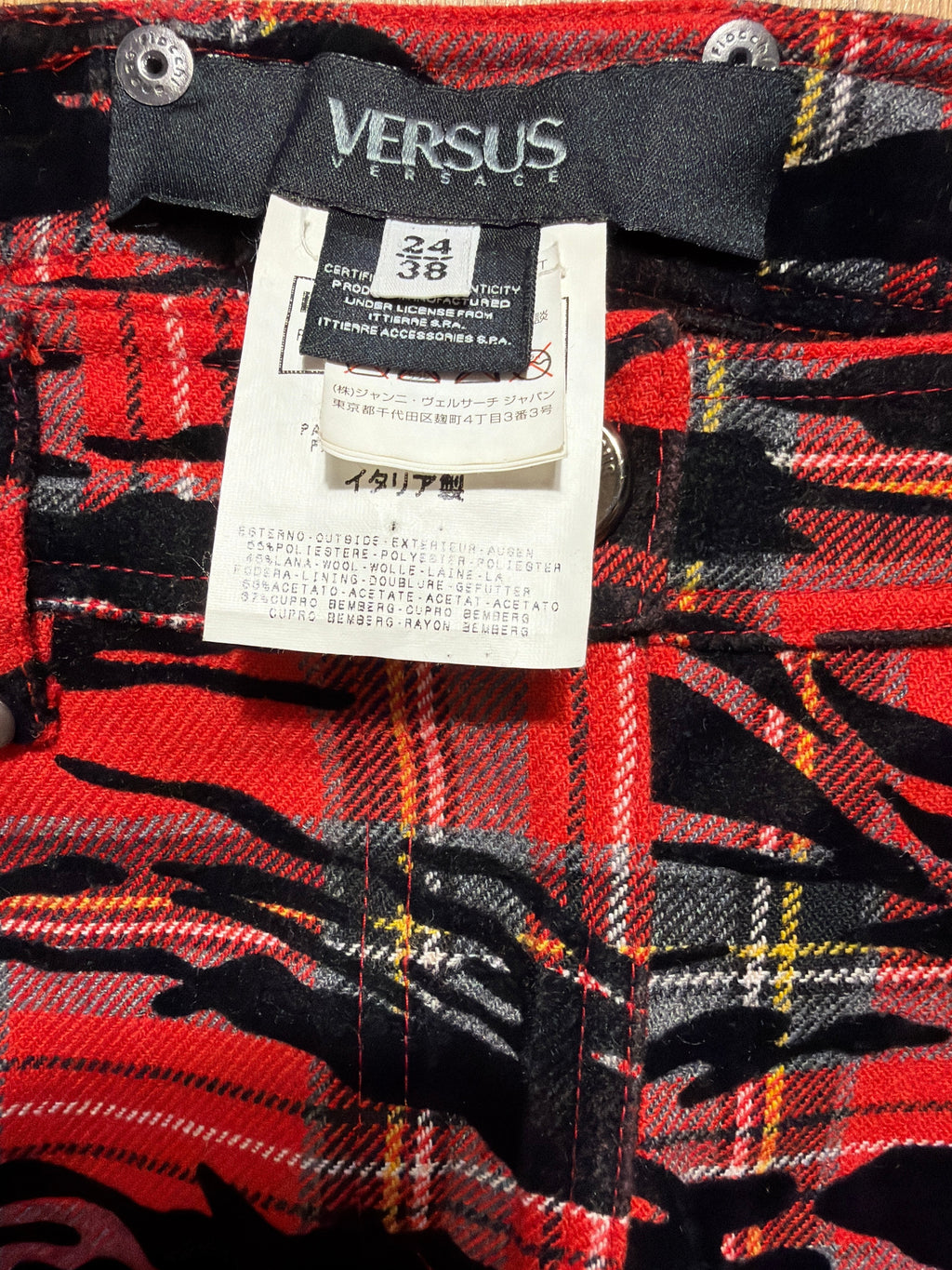 Lolly and Lotus vintage VERSUS Versace red tartan mini skirt with black tiger-print detail and interior labels