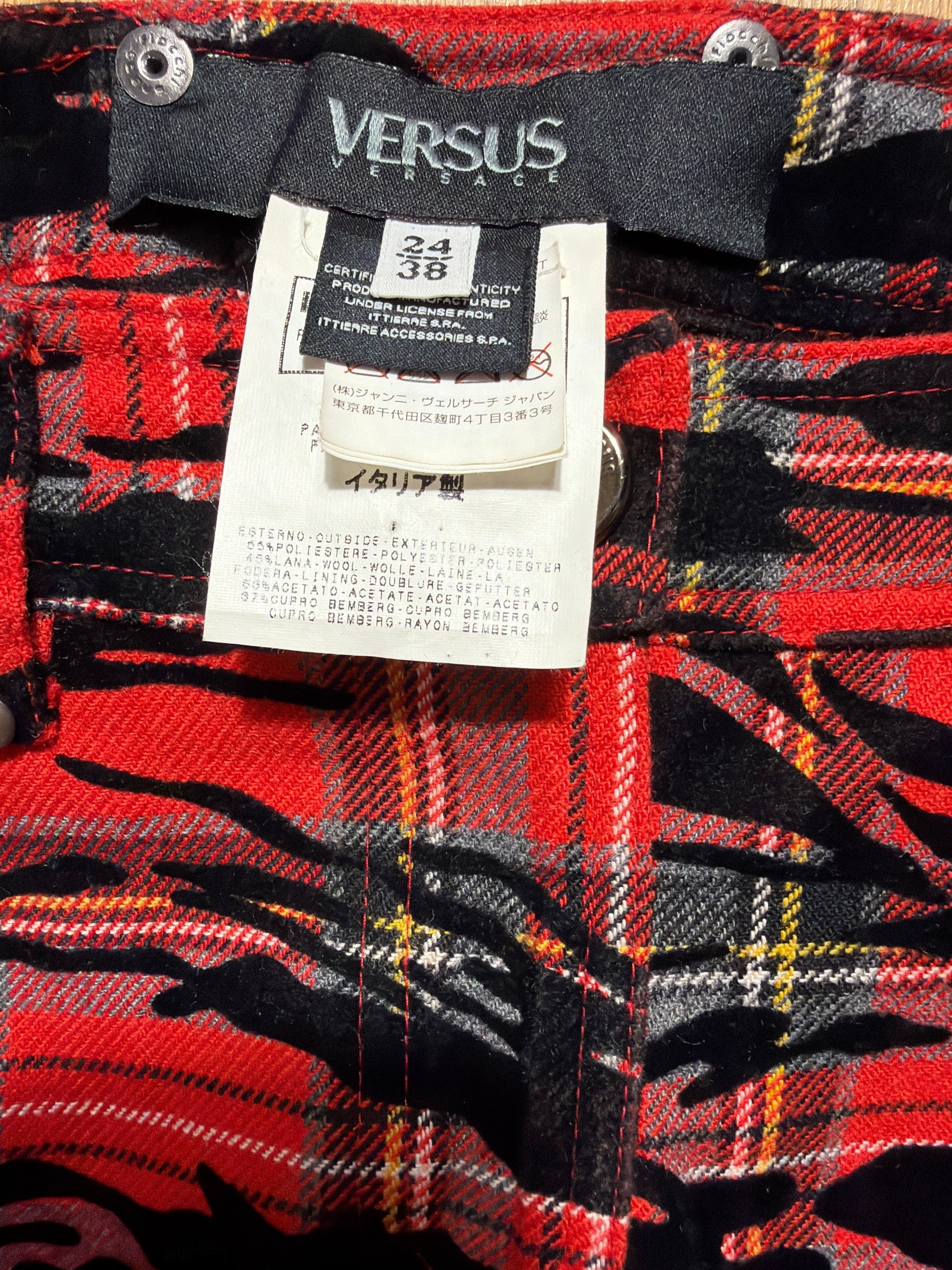 Lolly and Lotus vintage VERSUS Versace red tartan mini skirt with black tiger-print detail and interior labels