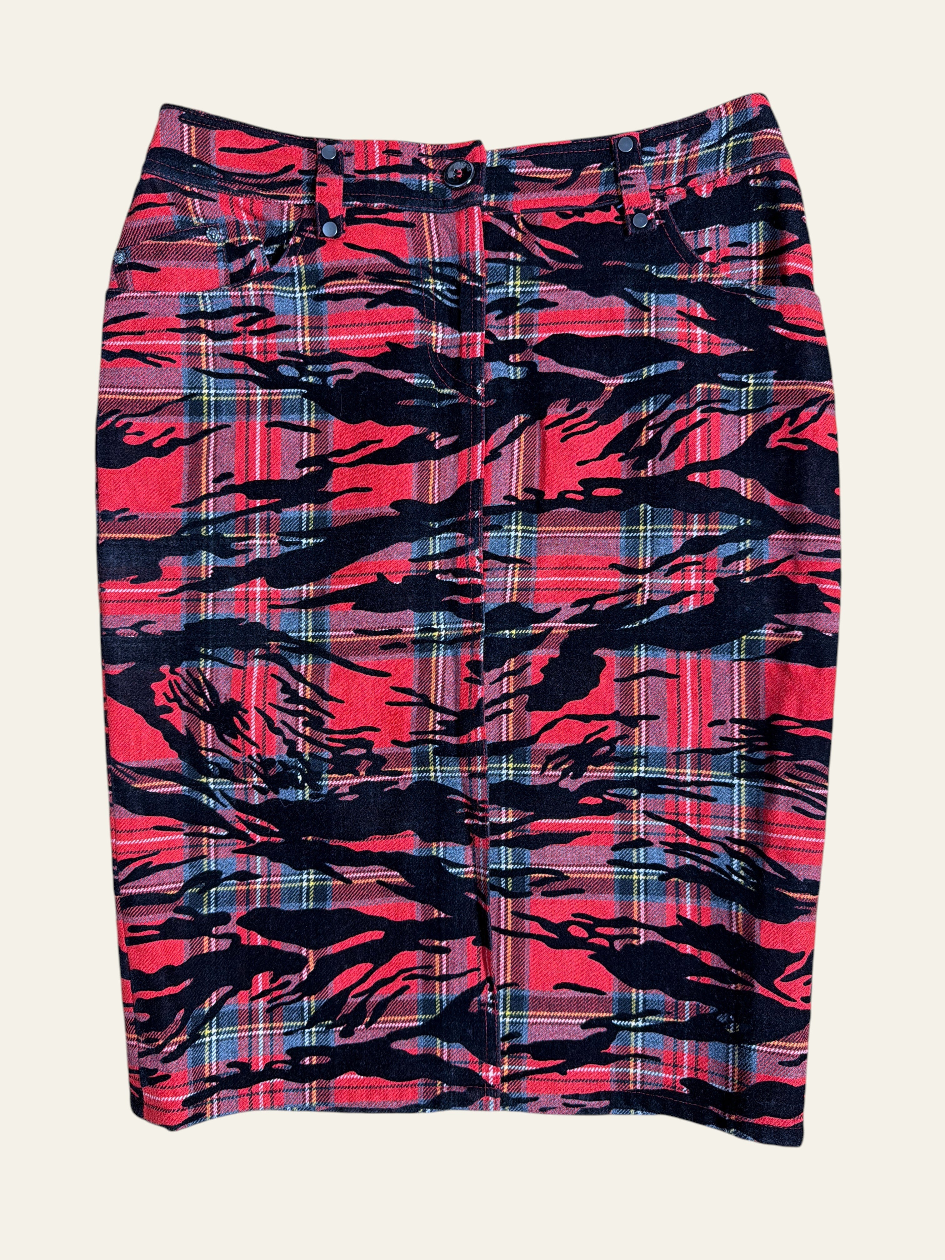 Lolly and Lotus vintage VERSUS Versace red tartan mini skirt with black tiger-print overlay and button waist detail.