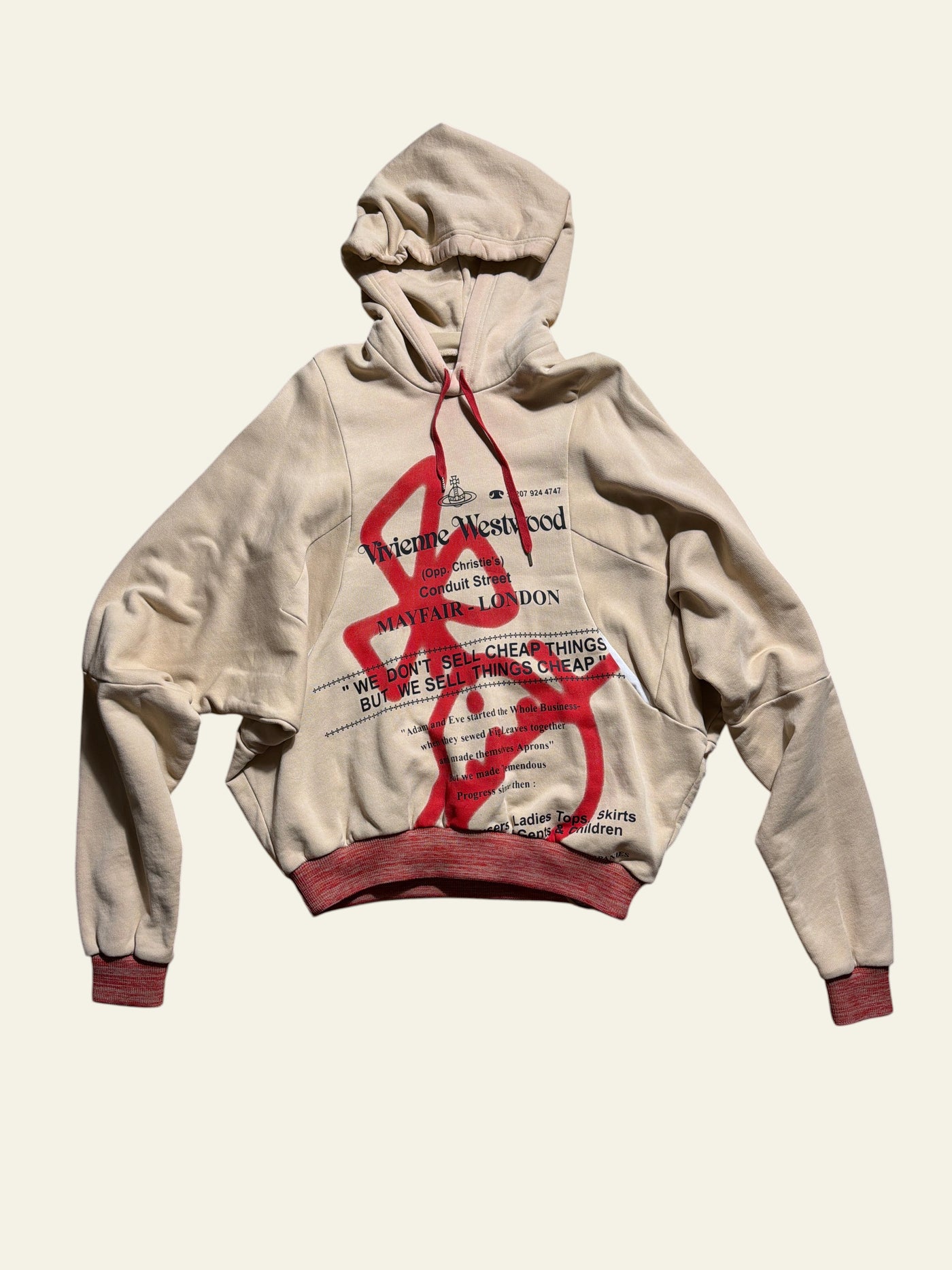 Lolly and Lotus Vivienne Westwood beige cotton hoodie with red graphic print and ribbed cuffs