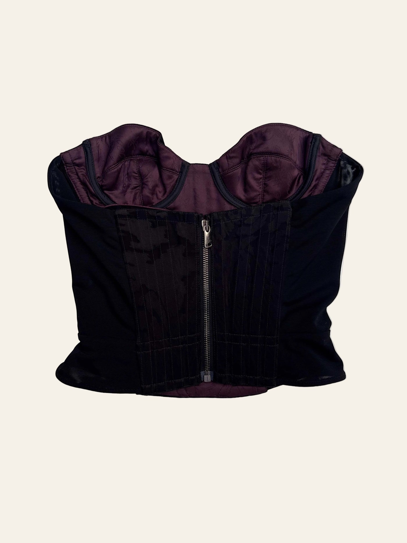 Lolly and Lotus Vivienne Westwood black brocade corset top with moulded cups, internal boning, and purple lining.