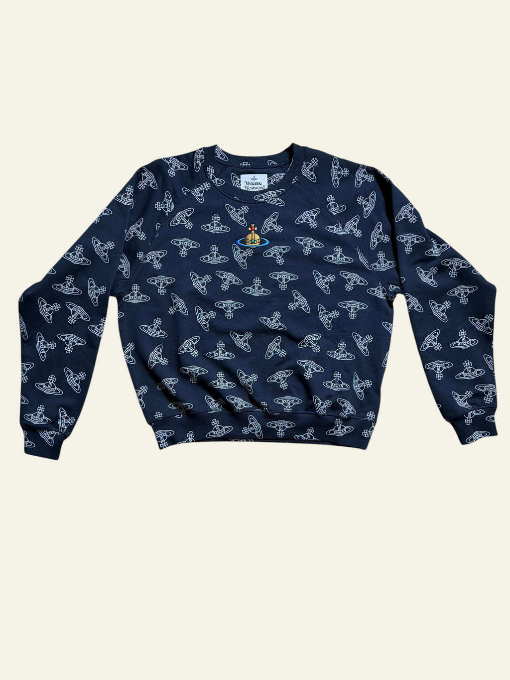 Lolly and Lotus Vivienne Westwood unisex raglan sweatshirt in black with an all-over white orb logo print.