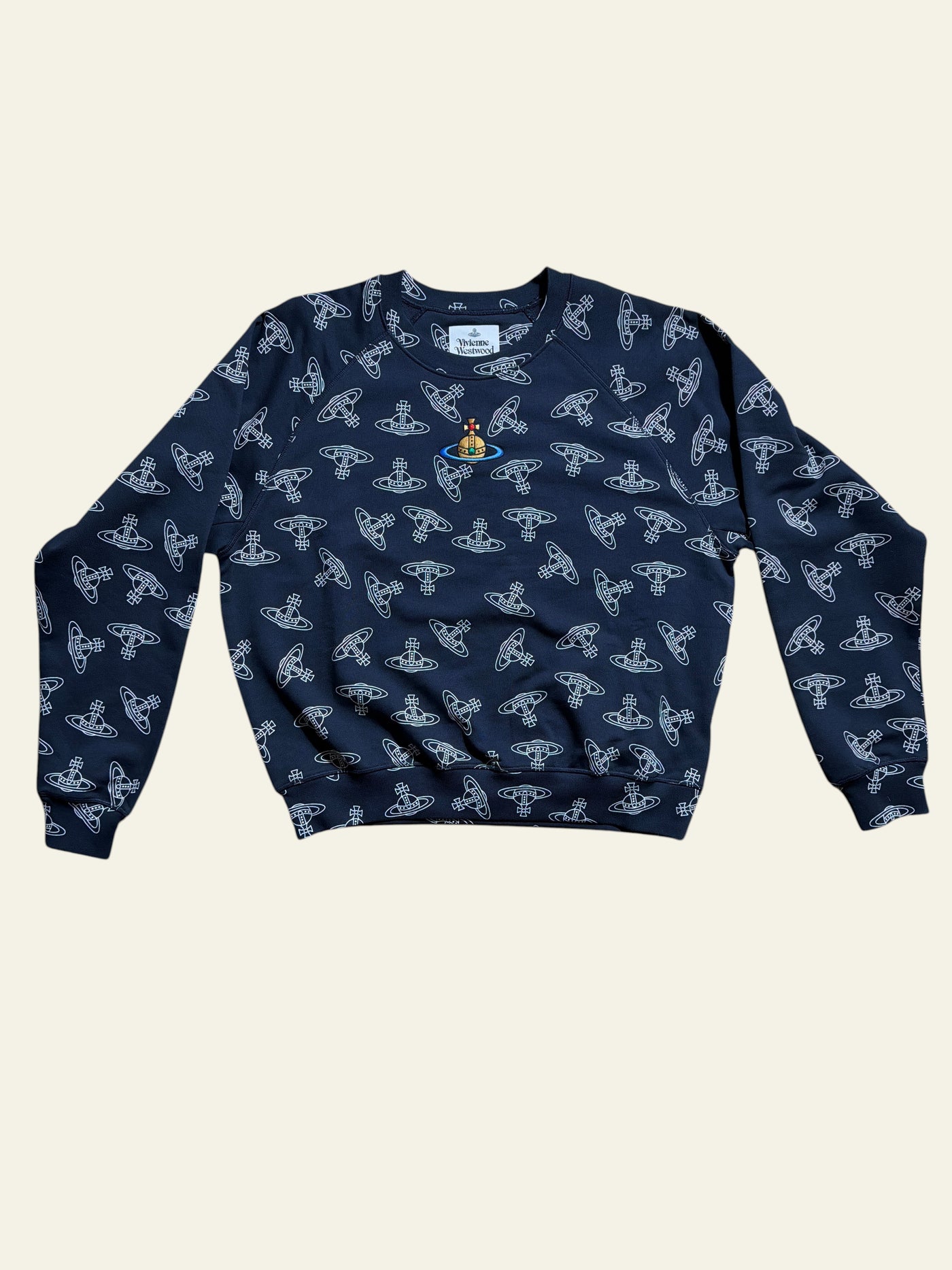 Lolly and Lotus Vivienne Westwood unisex raglan sweatshirt in black with an all-over white orb logo print.