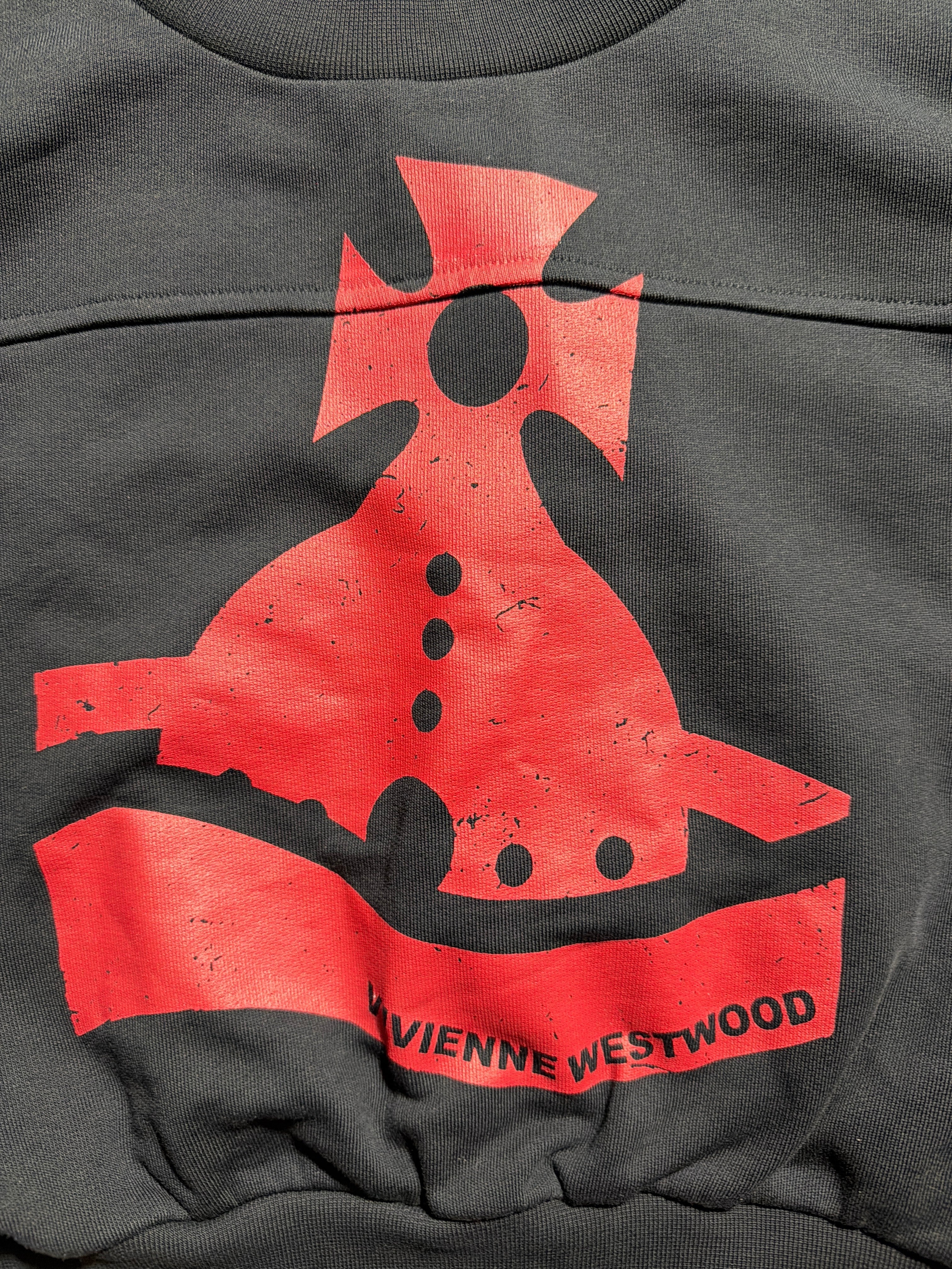 Lolly and Lotus Vivienne Westwood black crop sweatshirt featuring a distressed red Sunken Orb graphic logo