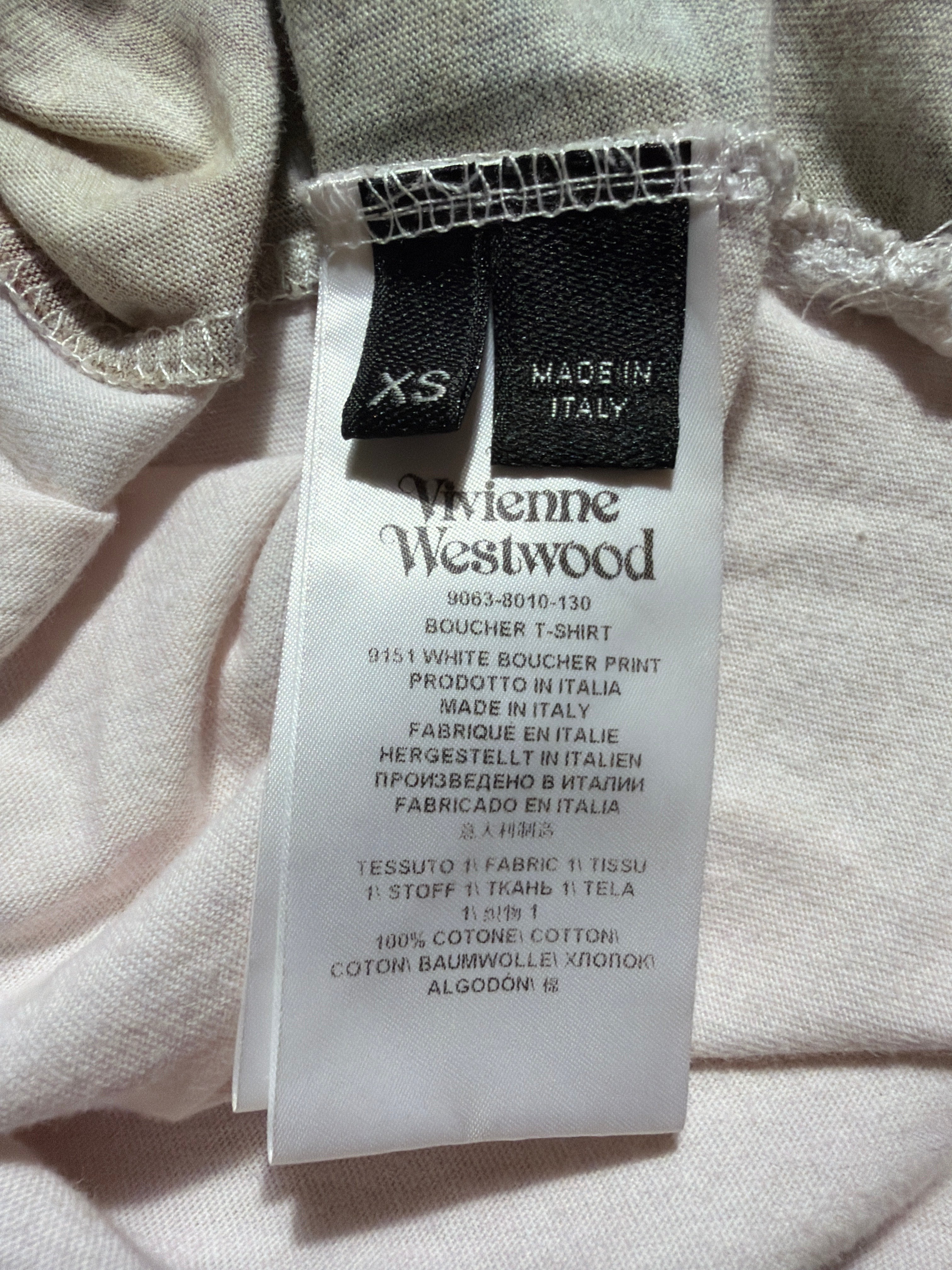 Lolly and Lotus Vivienne Westwood Boucher T-shirt care label showing 100% cotton composition and made in Italy