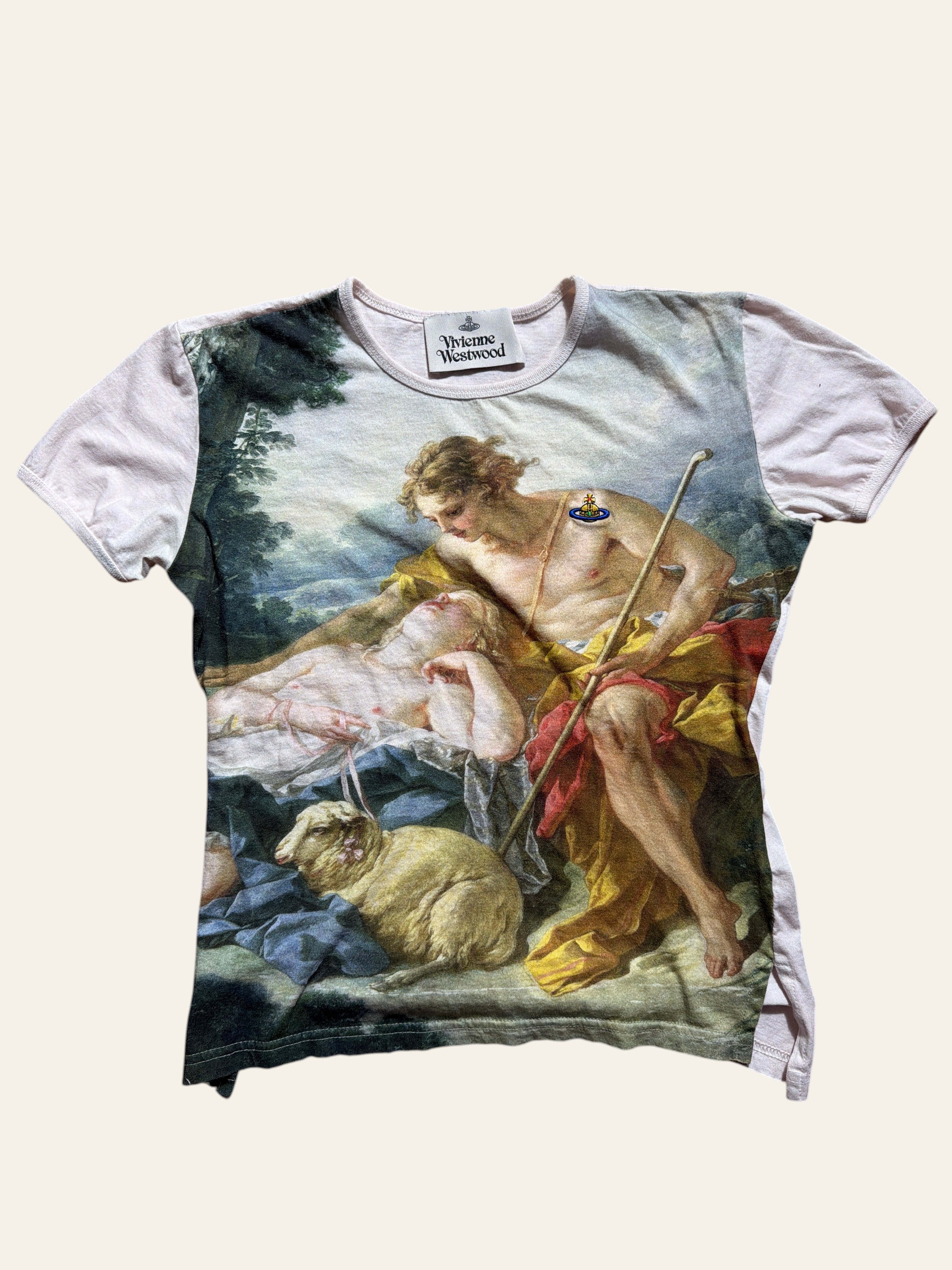 Lolly and Lotus Vivienne Westwood Boucher graphic print t-shirt with classic art motif on a light pink cotton base.
