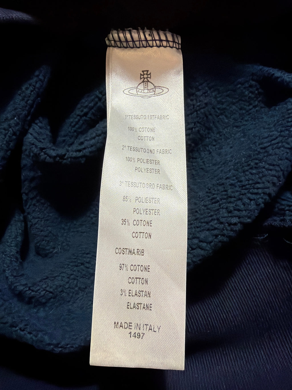 Lolly and Lotus Vivienne Westwood Anglomania sweatshirt fabric care label detailing cotton and polyester composition