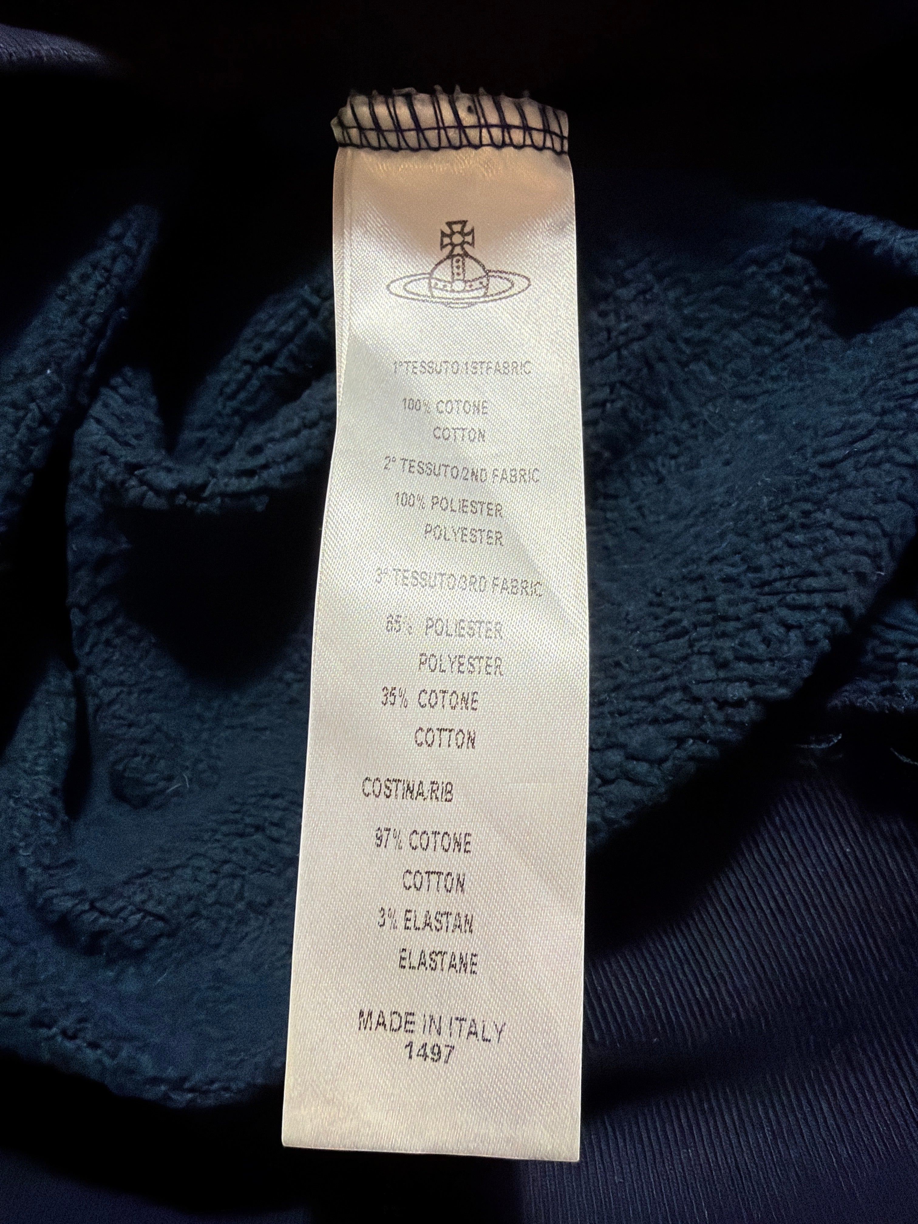 Lolly and Lotus Vivienne Westwood Anglomania sweatshirt fabric care label detailing cotton and polyester composition