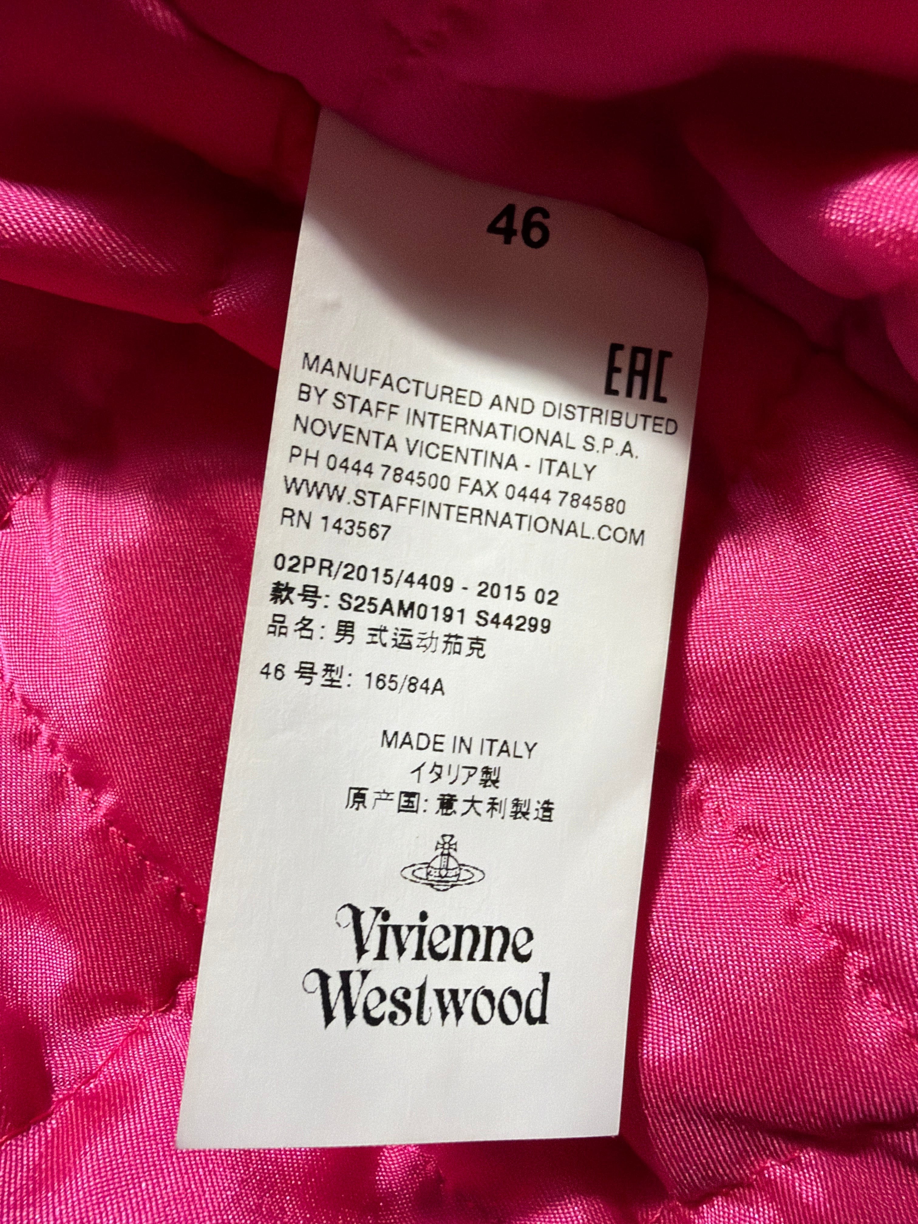 Lolly and Lotus Vivienne Westwood MAN bomber jacket interior care label with size 46 on a hot pink quilted lining