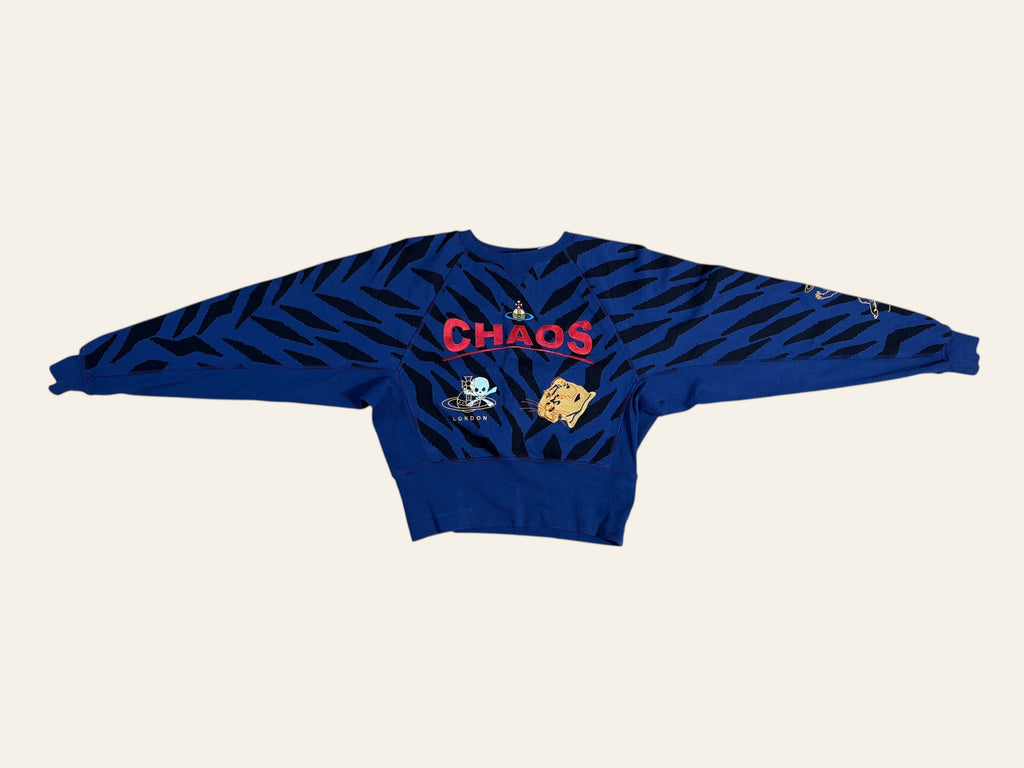 Lolly and Lotus Vivienne Westwood blue cropped jumper with black tiger stripes and Chaos graphic print