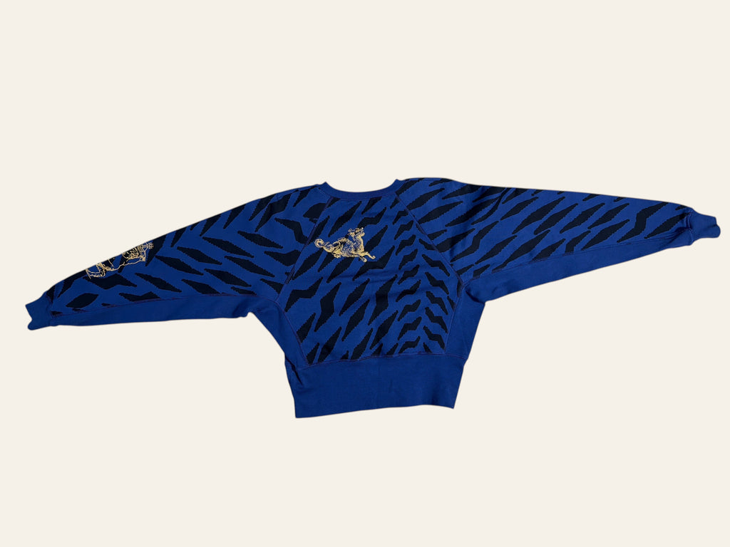 Lolly and Lotus Vivienne Westwood blue and black patterned cropped jumper with gold embroidery detail
