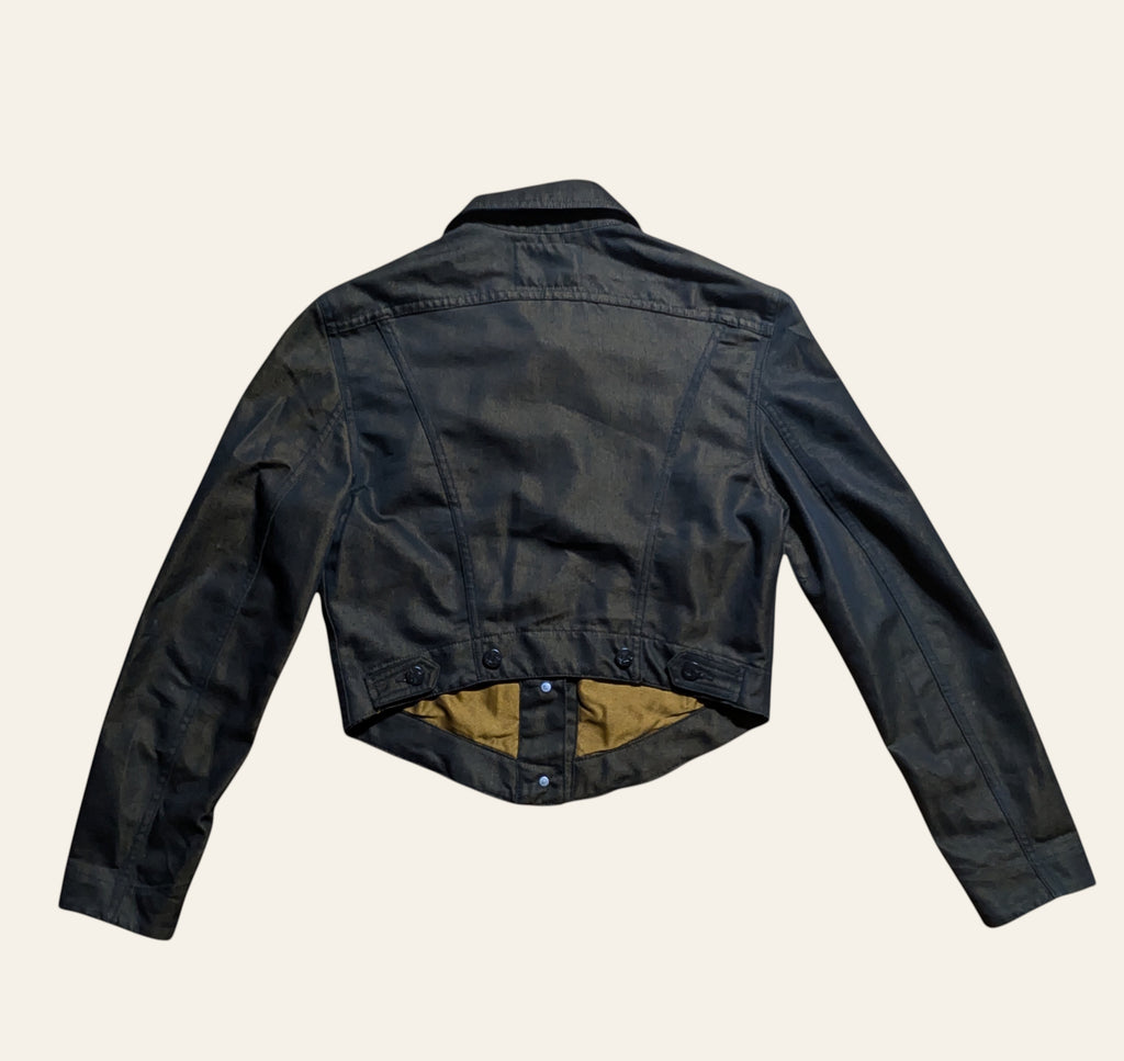 Lolly and Lotus Vivienne Westwood Anglomania cropped trucker jacket in glossy dark metallic cotton with back view