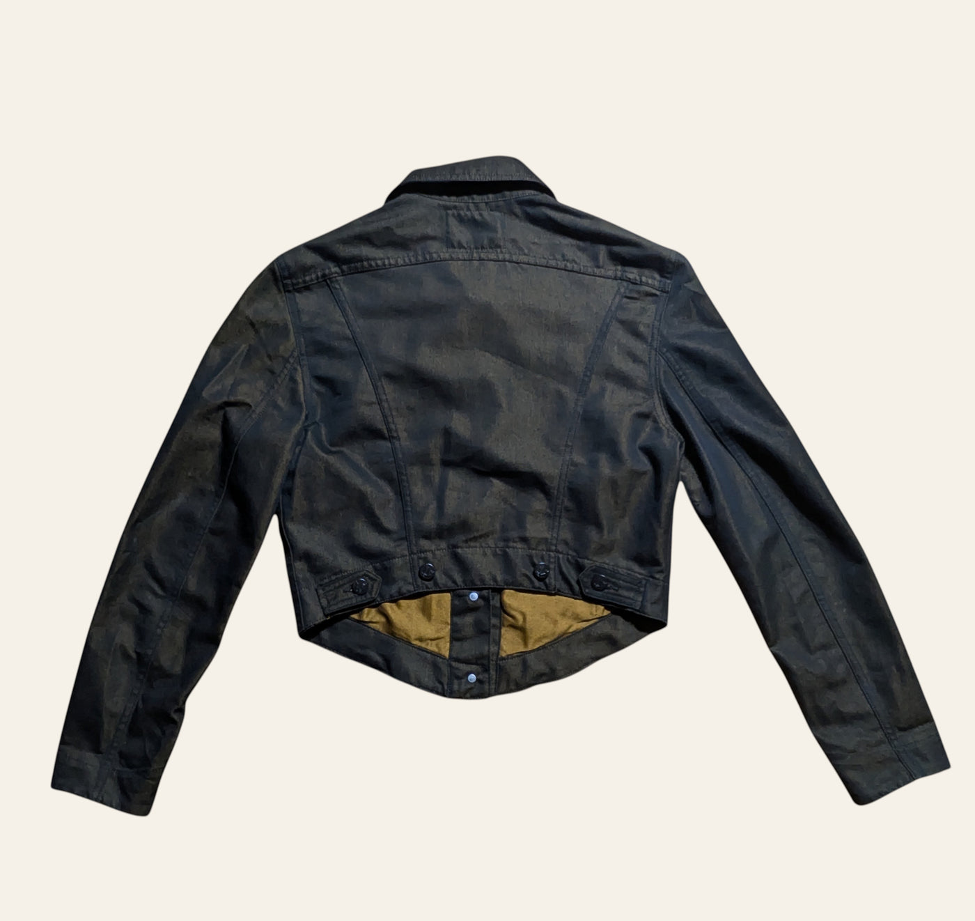Lolly and Lotus Vivienne Westwood Anglomania cropped trucker jacket in glossy dark metallic cotton with back view