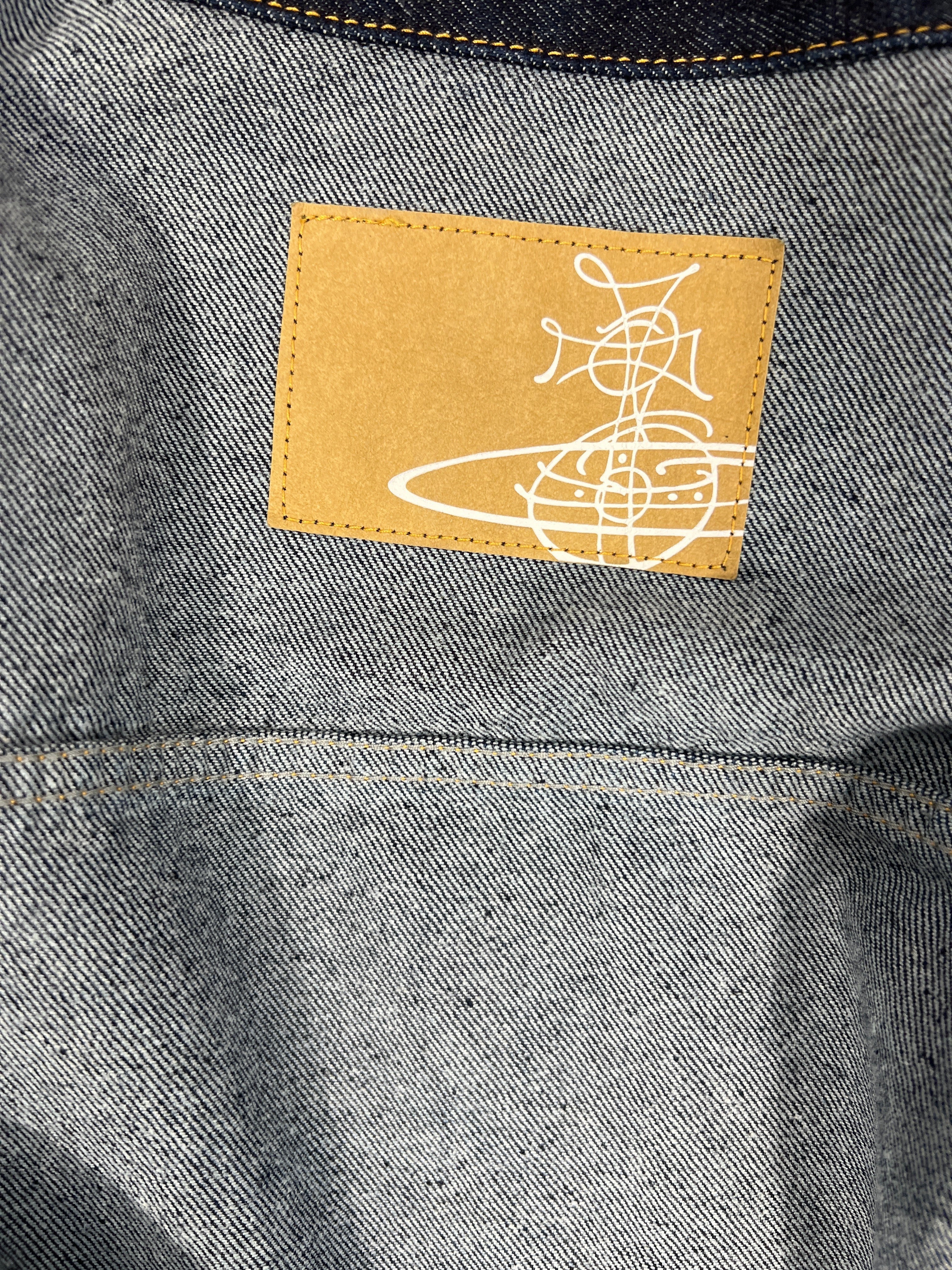 Lolly and Lotus VIVIENNE WESTWOOD ANGLOMANIA denim jacket featuring a tan leather brand patch with white orb logo