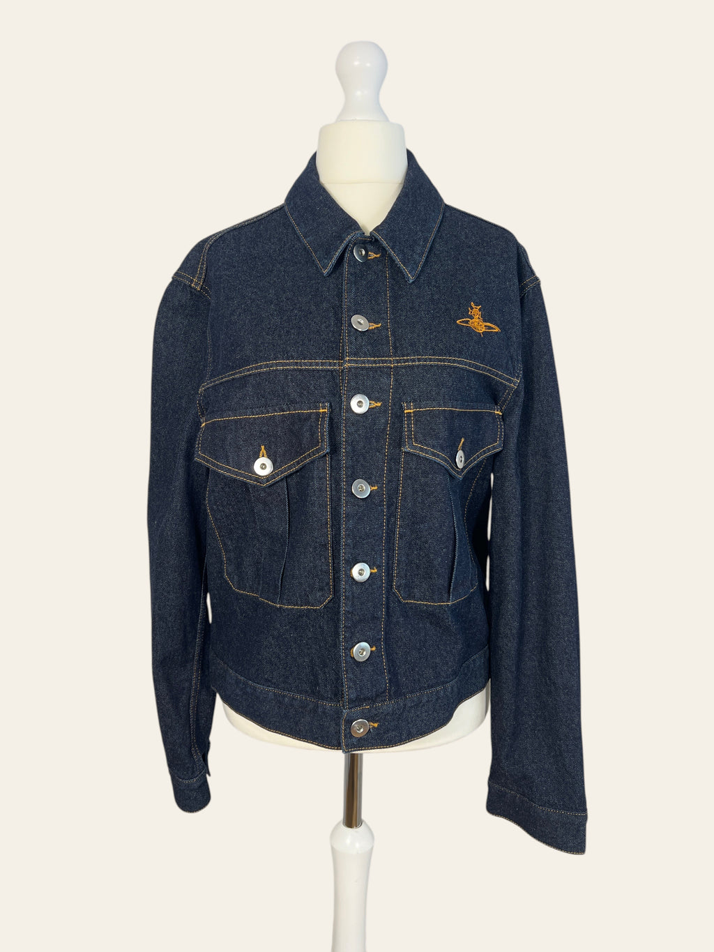 Lolly and Lotus VIVIENNE WESTWOOD ANGLOMANIA dark blue denim jacket with contrast stitching and embroidered orb logo